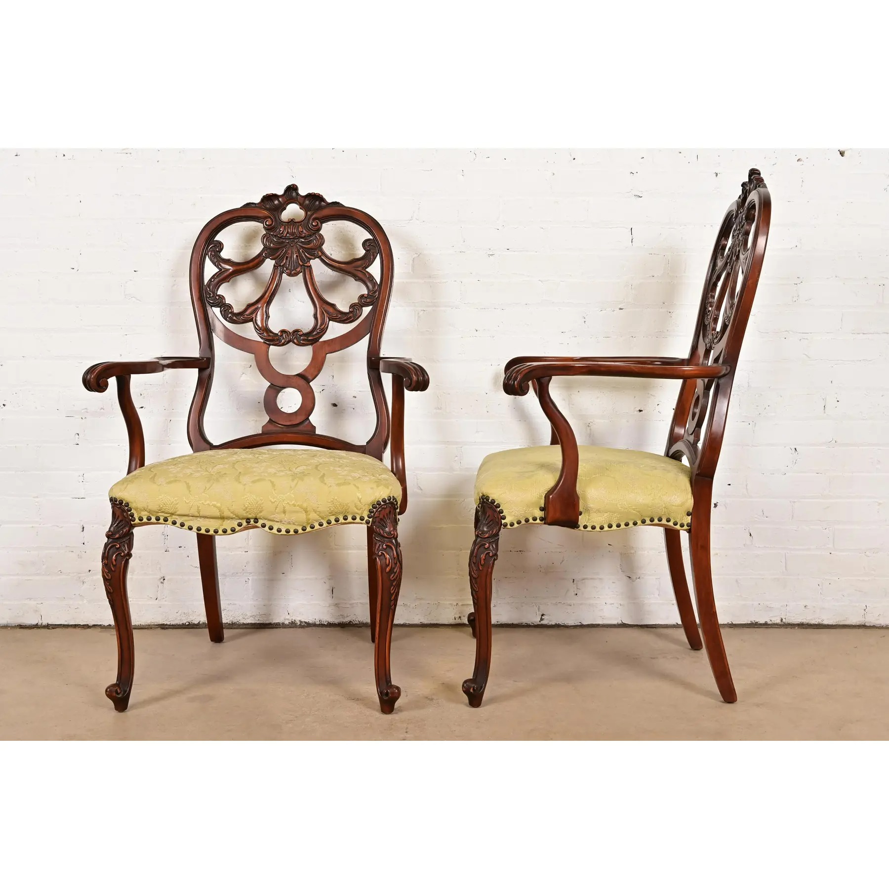 Romweber Antique French Provincial Louis XV Carved Walnut Armchairs, Pair - Image 9