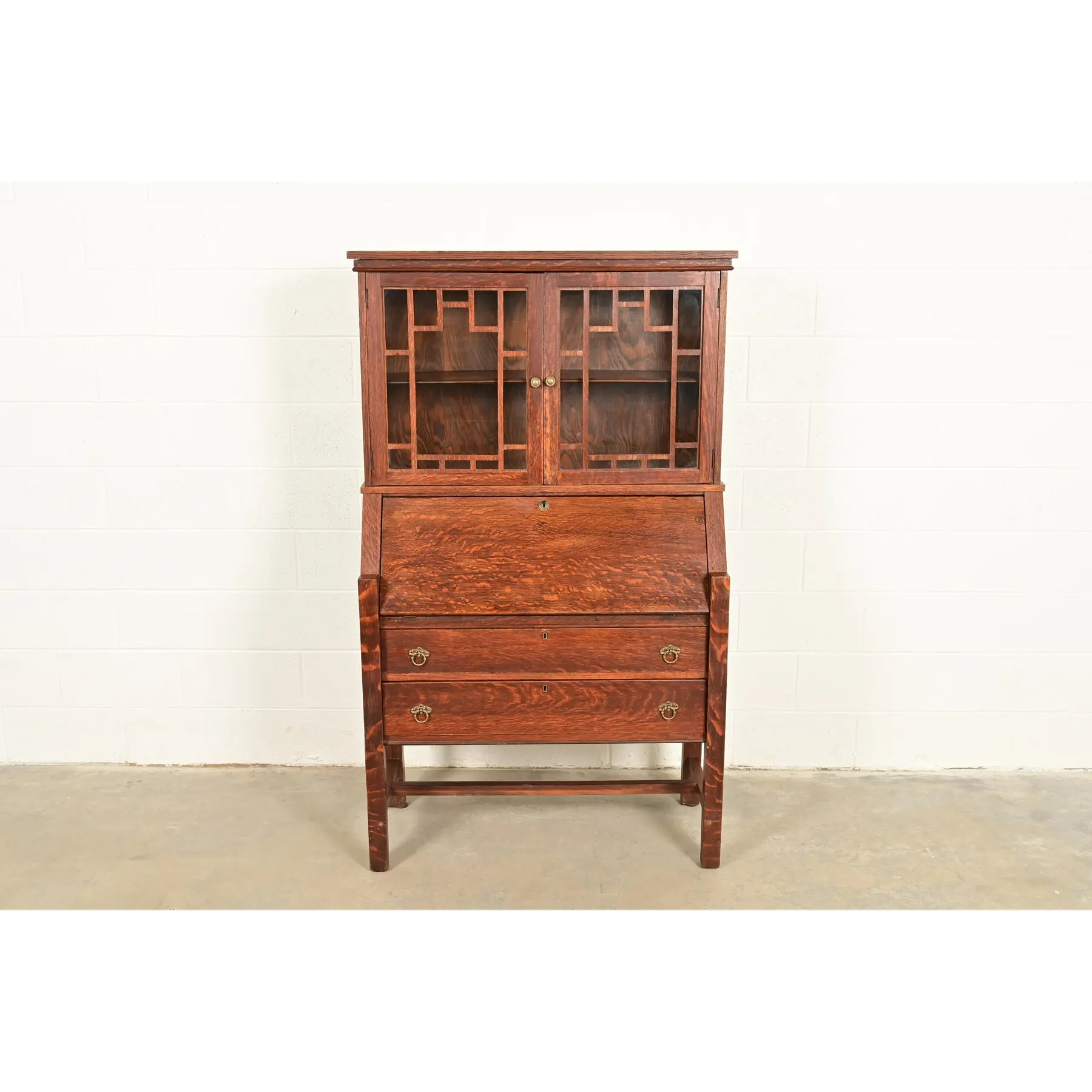Stickley Brothers Style Antique Mission Oak Arts & Crafts Secretary Desk With Bookcase Hutch, Circa 1910 - Image 2
