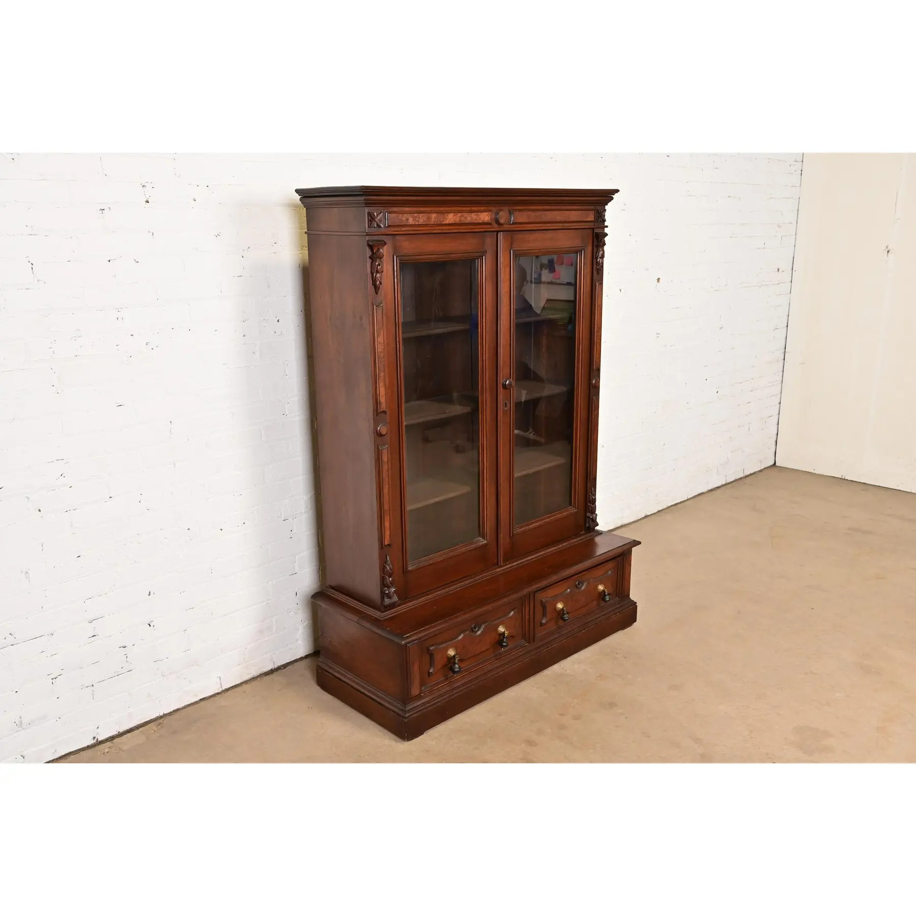 Herter Brothers Style Antique Eastlake Victorian Carved Walnut and Burl Wood Bookcase, Circa 1880s - Image 3