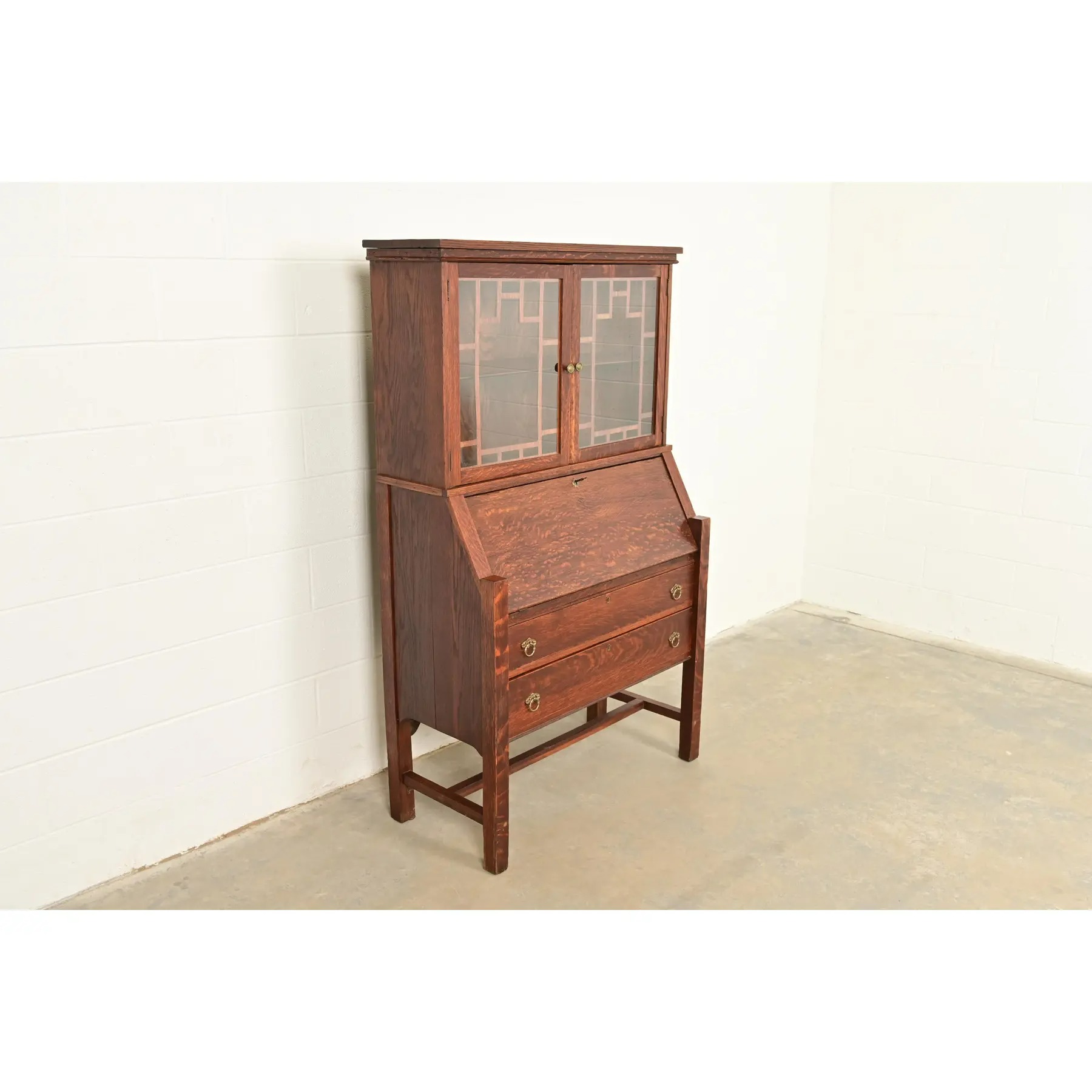 Stickley Brothers Style Antique Mission Oak Arts & Crafts Secretary Desk With Bookcase Hutch, Circa 1910 - Image 4