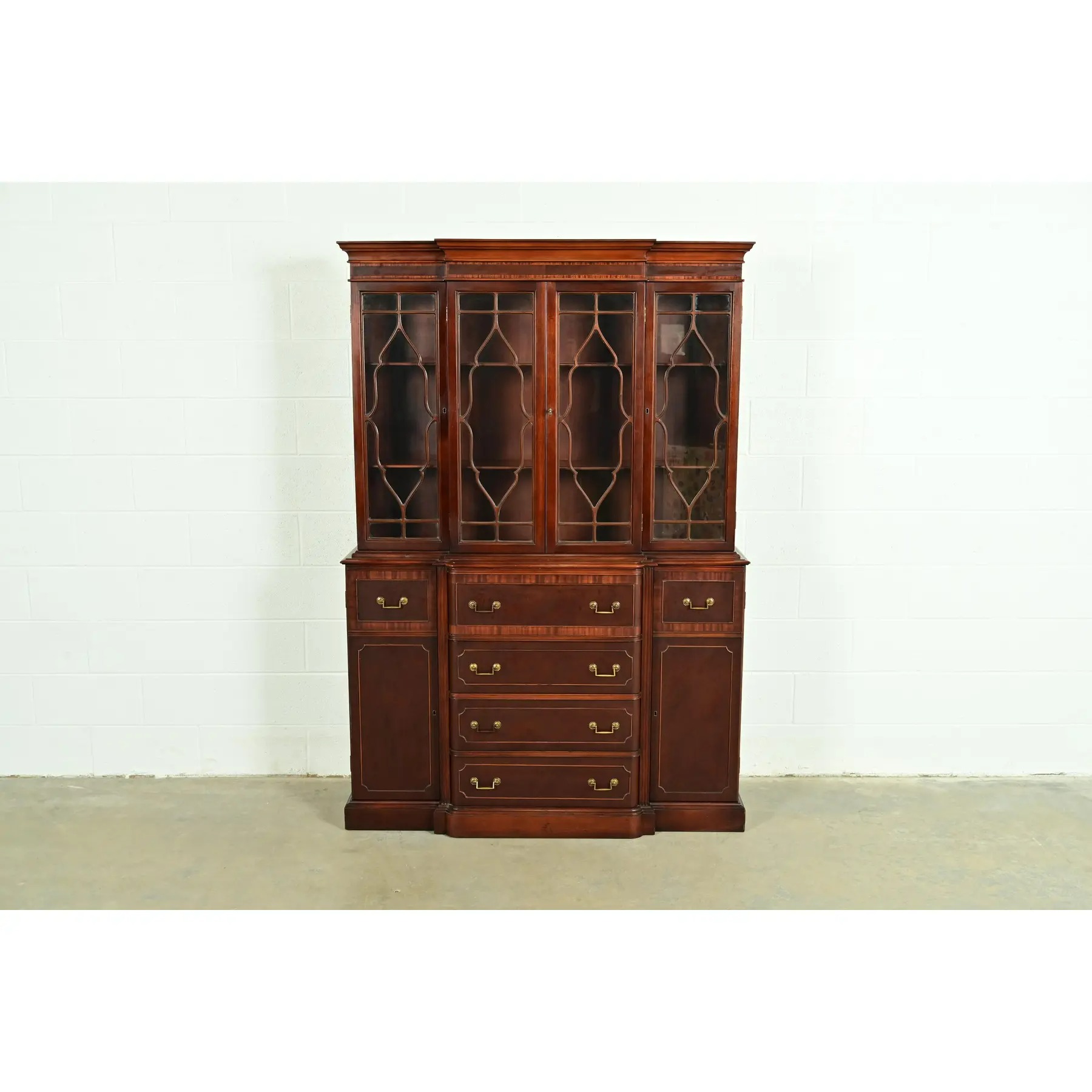 Baker Furniture Style Georgian Banded Mahogany Breakfront Bookcase Cabinet With Drop Front Secretary Desk - Image 2