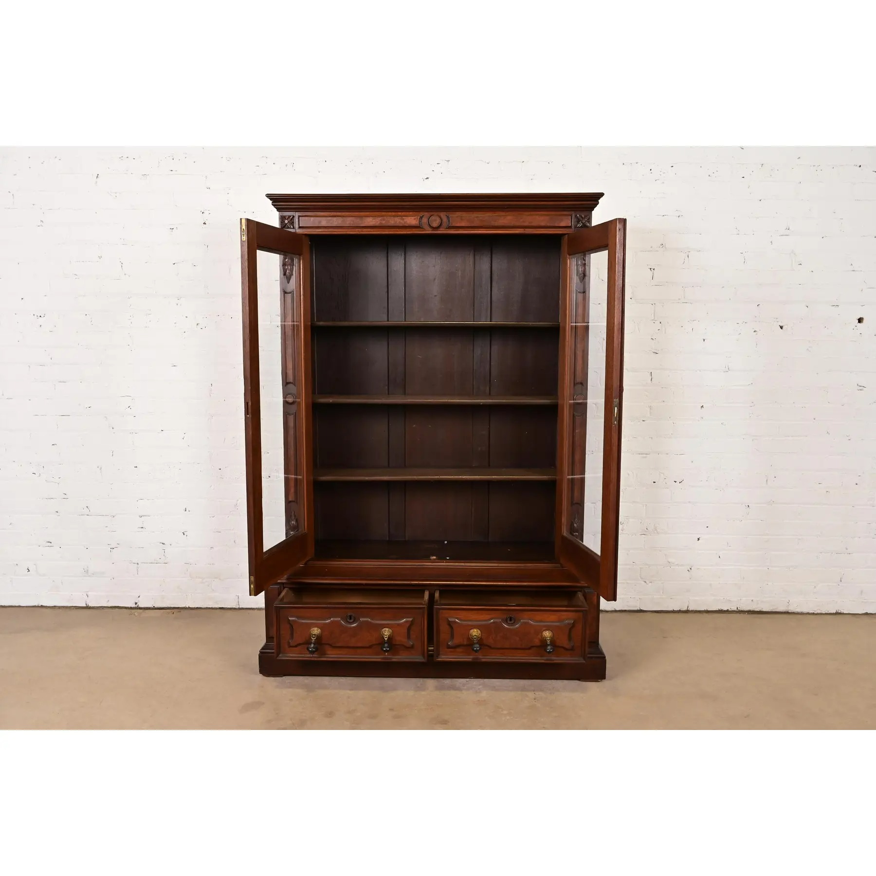 Herter Brothers Style Antique Eastlake Victorian Carved Walnut and Burl Wood Bookcase, Circa 1880s - Image 5