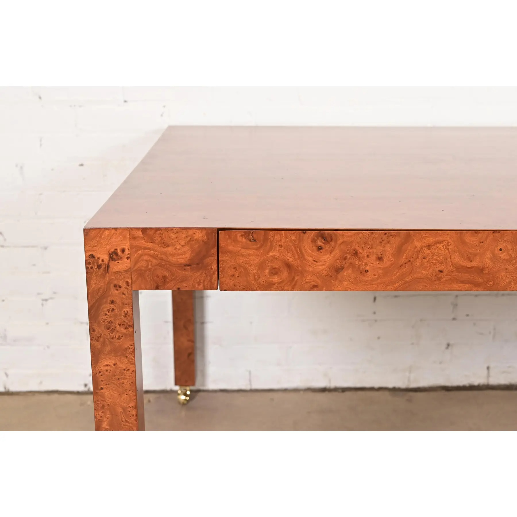 Milo Baughman Style Mid-Century Modern Burl Wood Parsons Dining Table or Executive Desk, Newly Refinished - Image 9