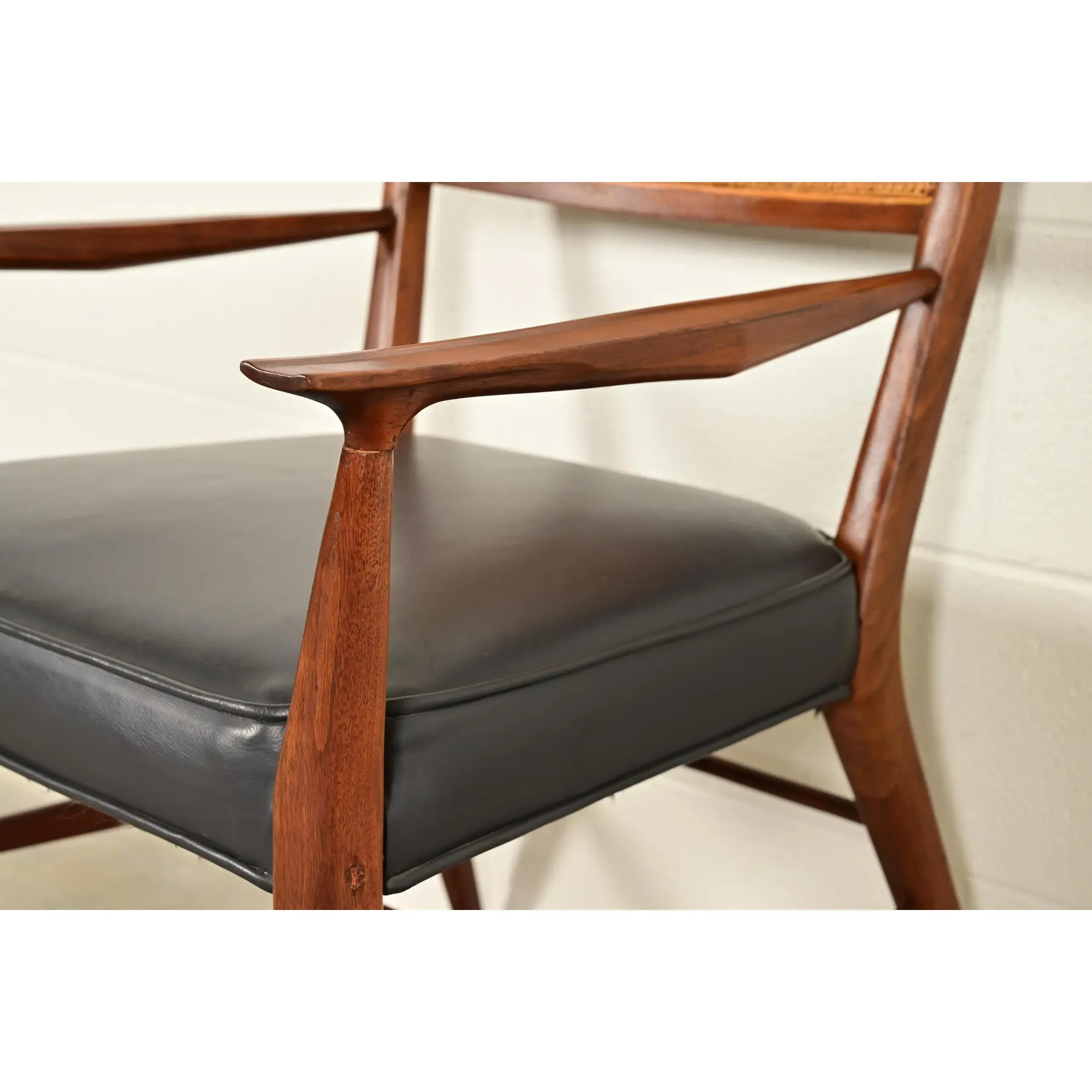 Paul McCobb for Directional Mid-Century Modern Sculpted Walnut Cane Back Armchairs, Pair - Image 8