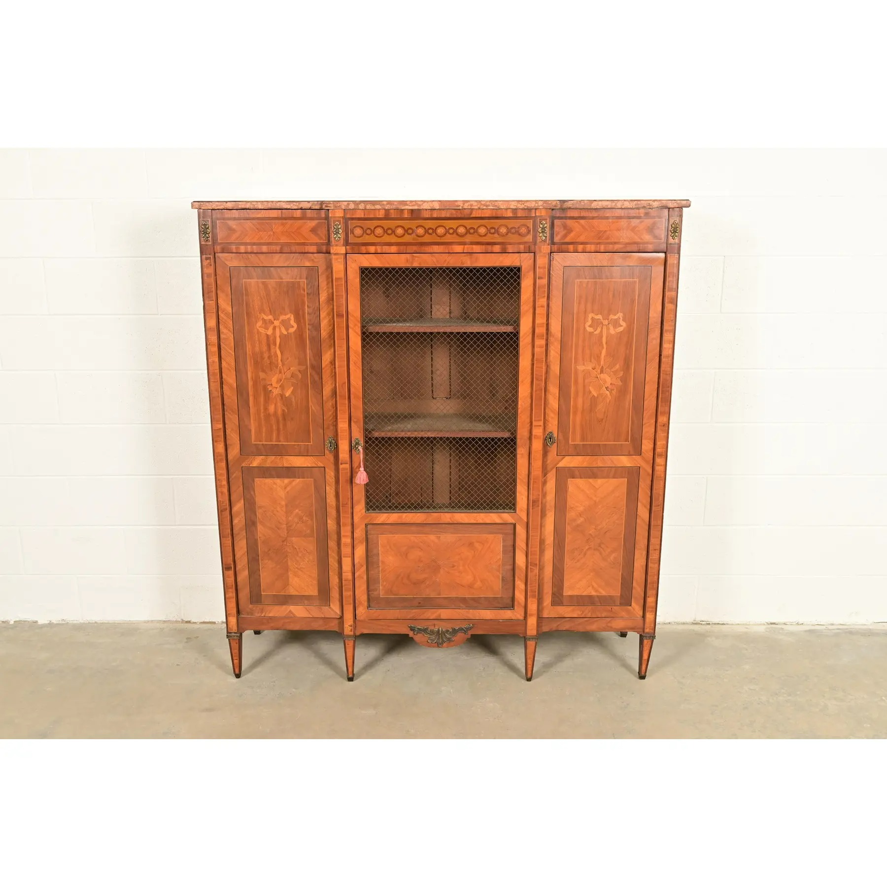 Paul Sormani Style Antique French Regency Louis XVI Kingwood Inlaid Marquetry Armoire or Bookcase Cabinet With Mounted Bronze Ormolu, Circa 1880s - Image 2