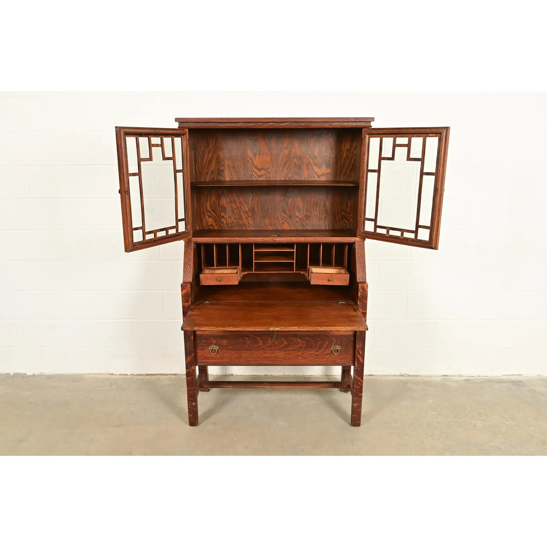 Stickley Brothers Style Antique Mission Oak Arts & Crafts Secretary Desk With Bookcase Hutch, Circa 1910 - Image 6