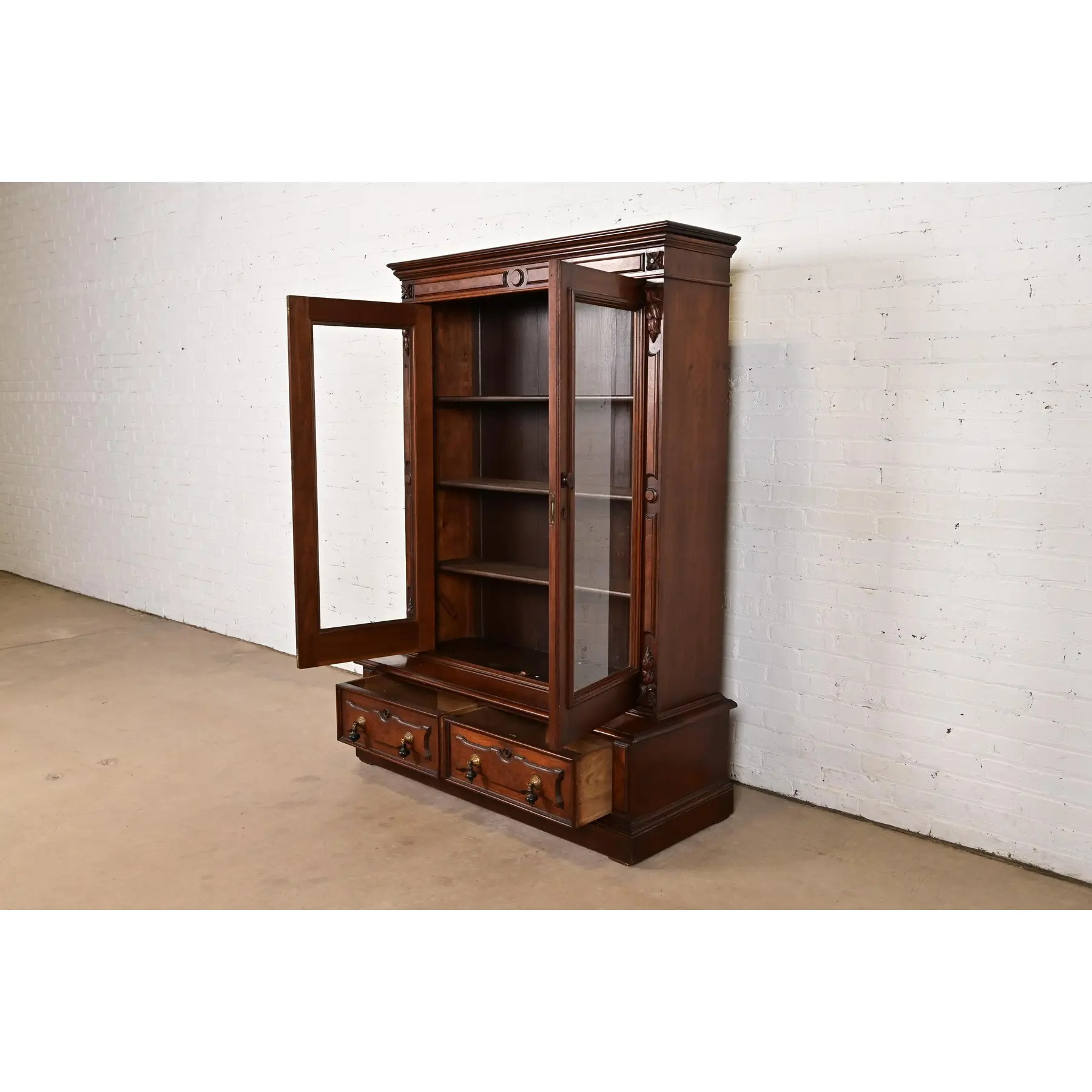 Herter Brothers Style Antique Eastlake Victorian Carved Walnut and Burl Wood Bookcase, Circa 1880s - Image 6