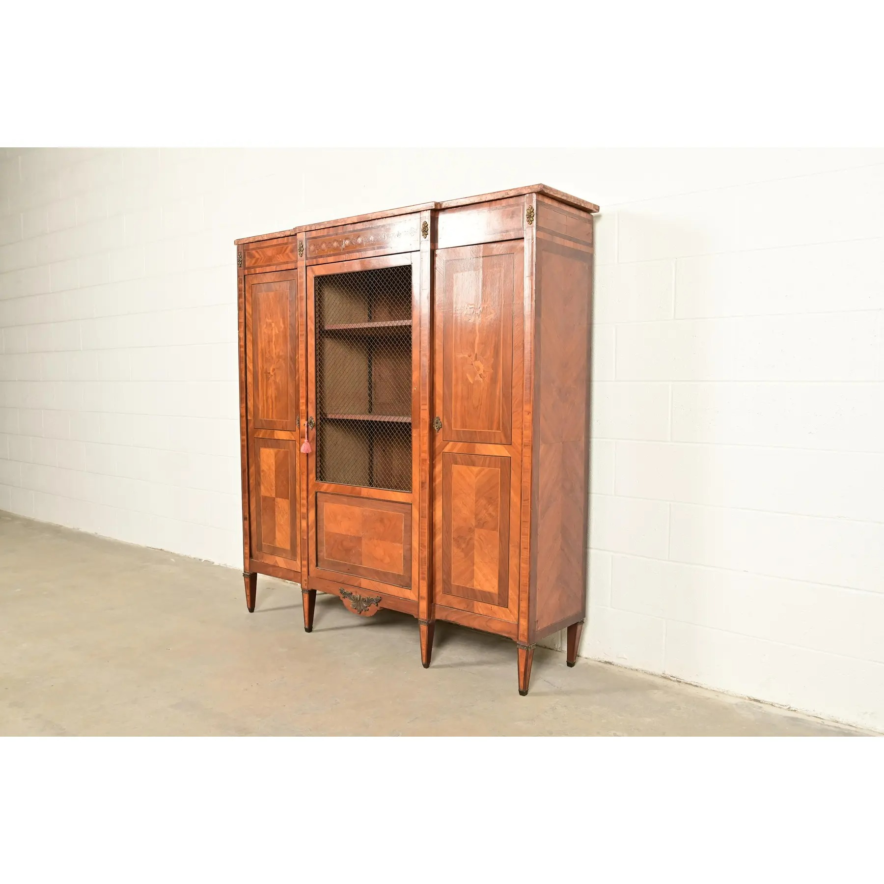 Paul Sormani Style Antique French Regency Louis XVI Kingwood Inlaid Marquetry Armoire or Bookcase Cabinet With Mounted Bronze Ormolu, Circa 1880s - Image 3