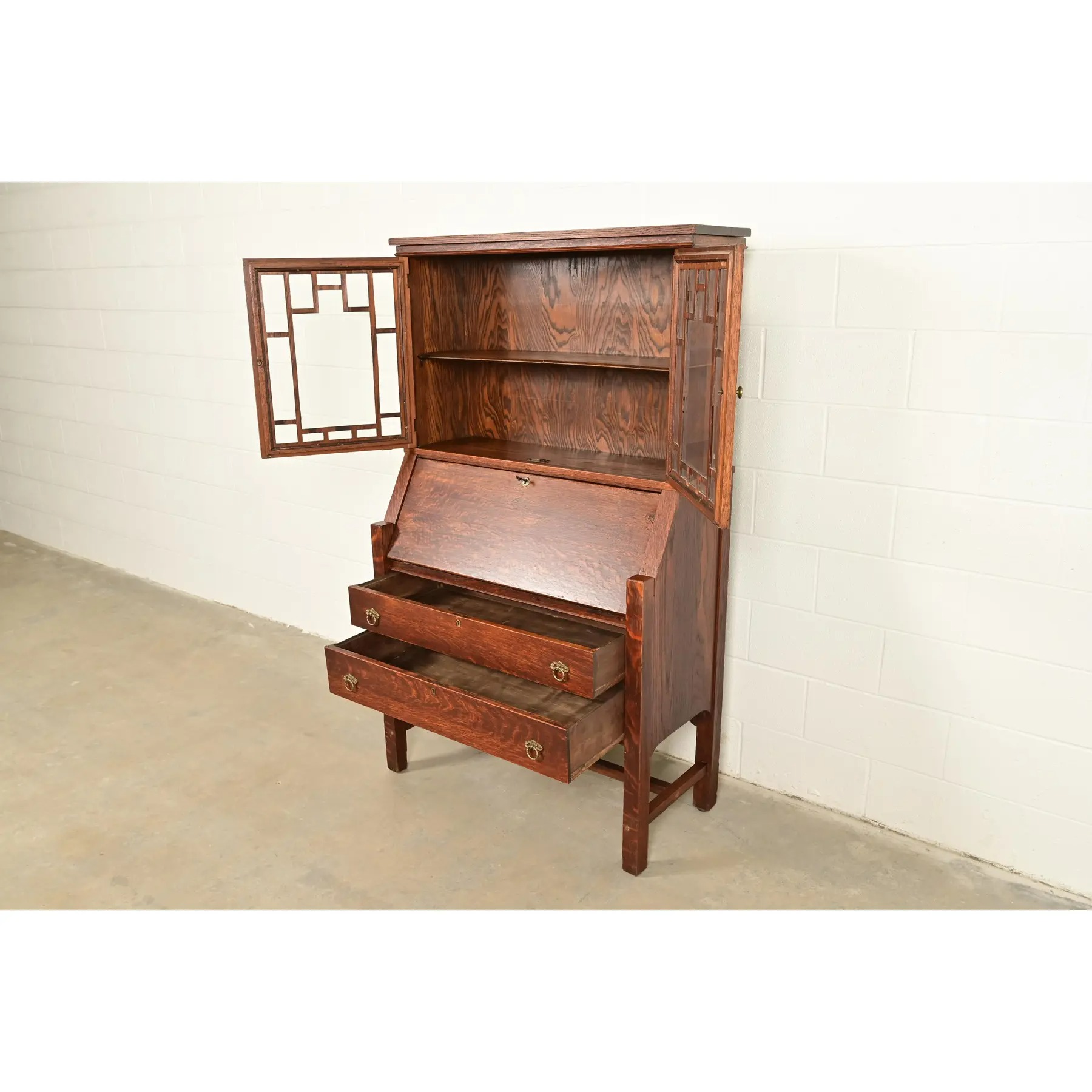 Stickley Brothers Style Antique Mission Oak Arts & Crafts Secretary Desk With Bookcase Hutch, Circa 1910 - Image 7