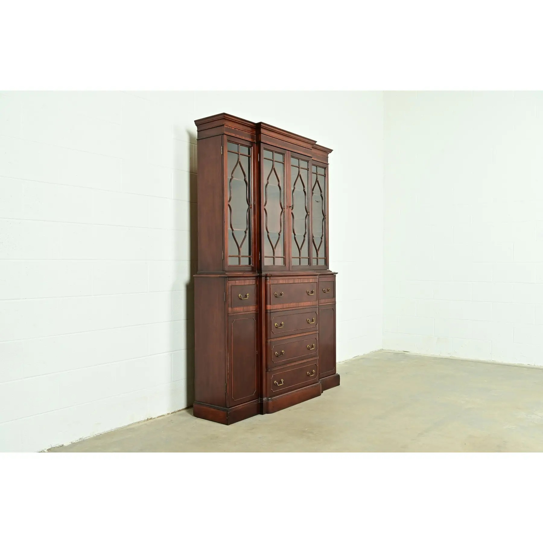 Baker Furniture Style Georgian Banded Mahogany Breakfront Bookcase Cabinet With Drop Front Secretary Desk - Image 4