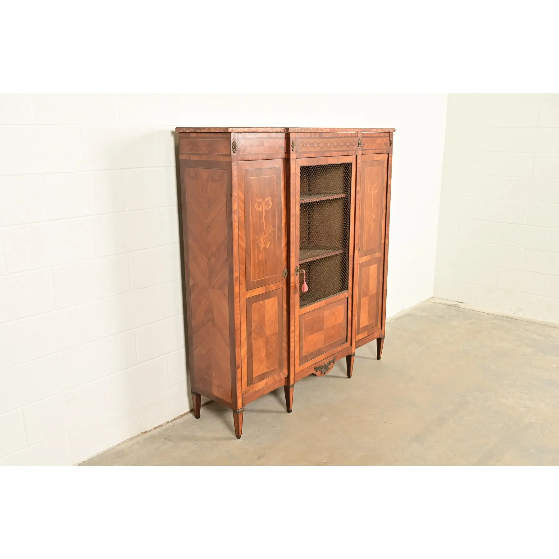 Paul Sormani Style Antique French Regency Louis XVI Kingwood Inlaid Marquetry Armoire or Bookcase Cabinet With Mounted Bronze Ormolu, Circa 1880s - Image 4