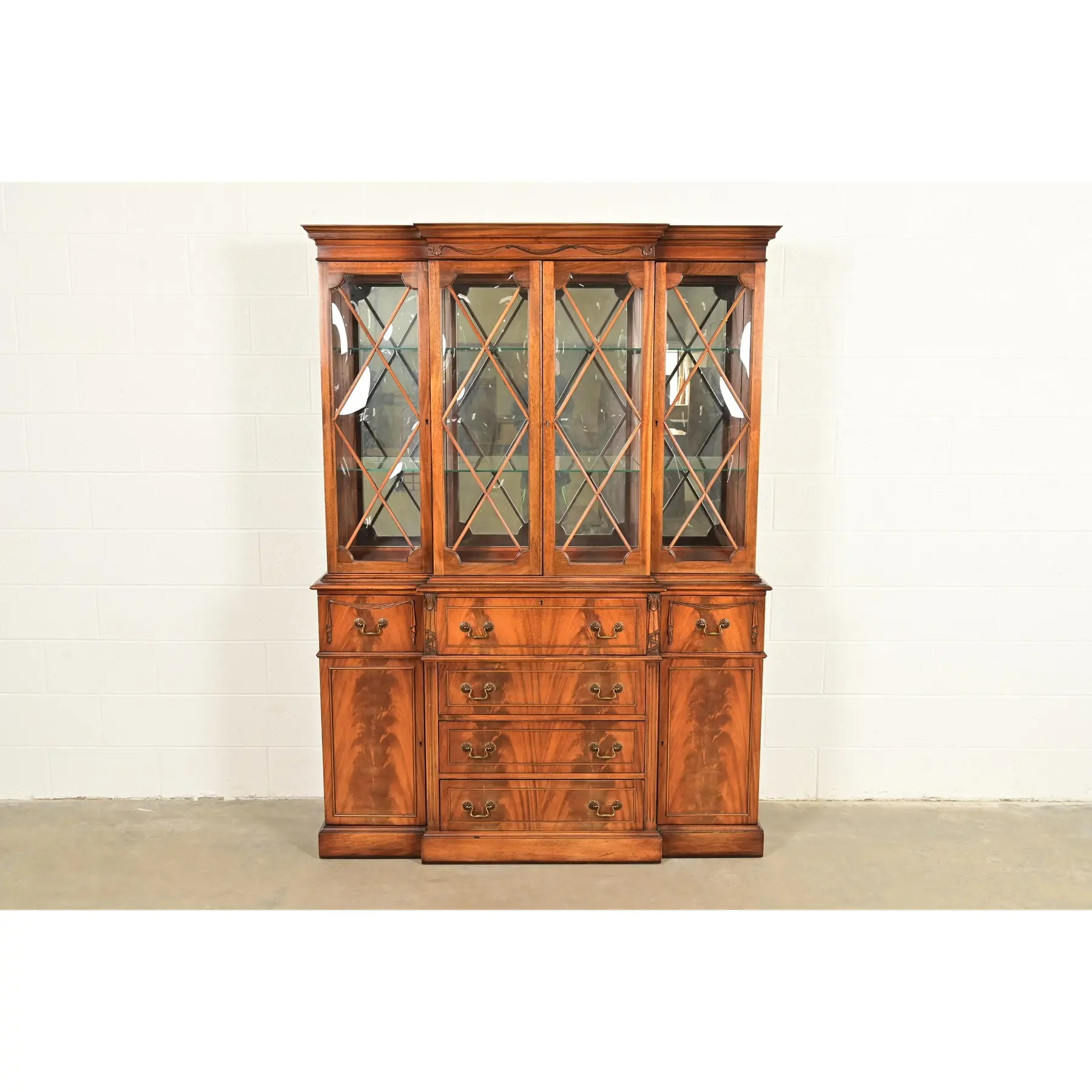Baker Furniture Style Regency Flame Mahogany Lighted Breakfront Bookcase Cabinet With Drop Front Secretary Desk, Circa 1940s - Image 2