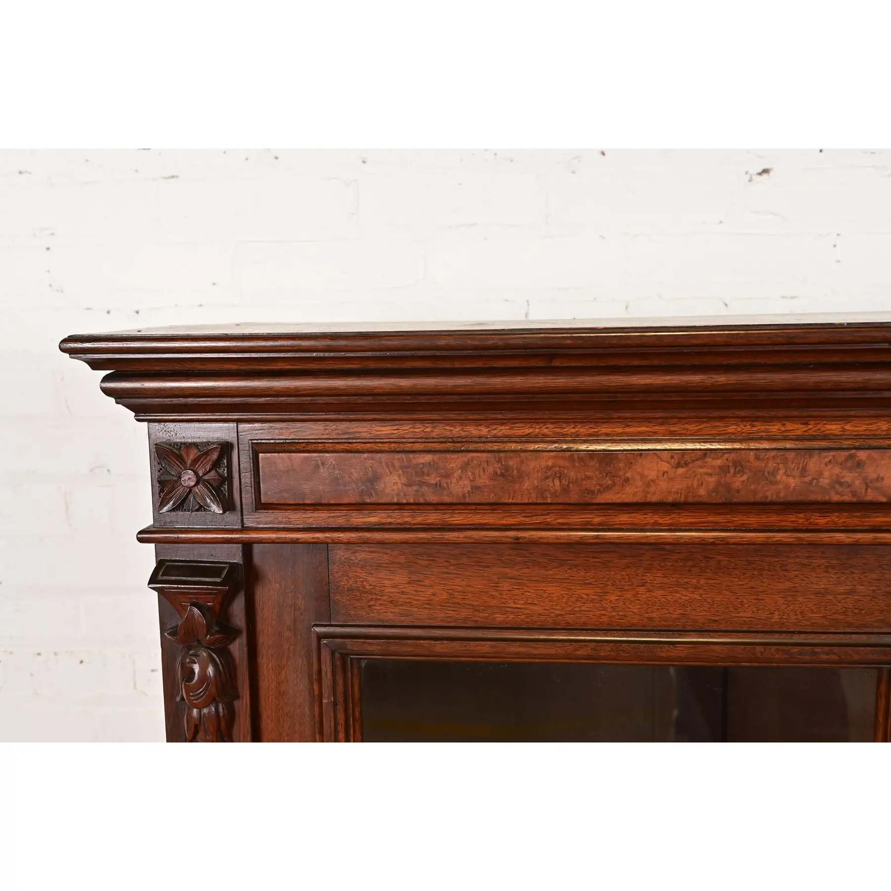 Herter Brothers Style Antique Eastlake Victorian Carved Walnut and Burl Wood Bookcase, Circa 1880s - Image 8