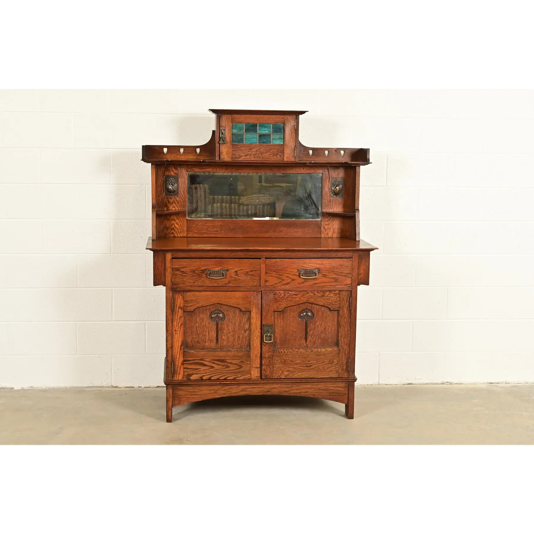 Liberty & Co. Antique English Arts & Crafts Oak Sideboard With Stained Glass Door, Circa 1900 - Image 2