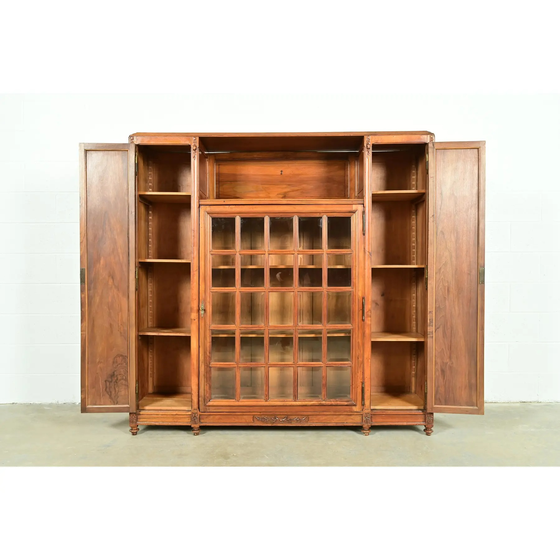 Louis Majorelle Style Antique French Art Nouveau Carved Burled Walnut Bibliotheque Bookcase Cabinet, Circa 1900 - Image 5