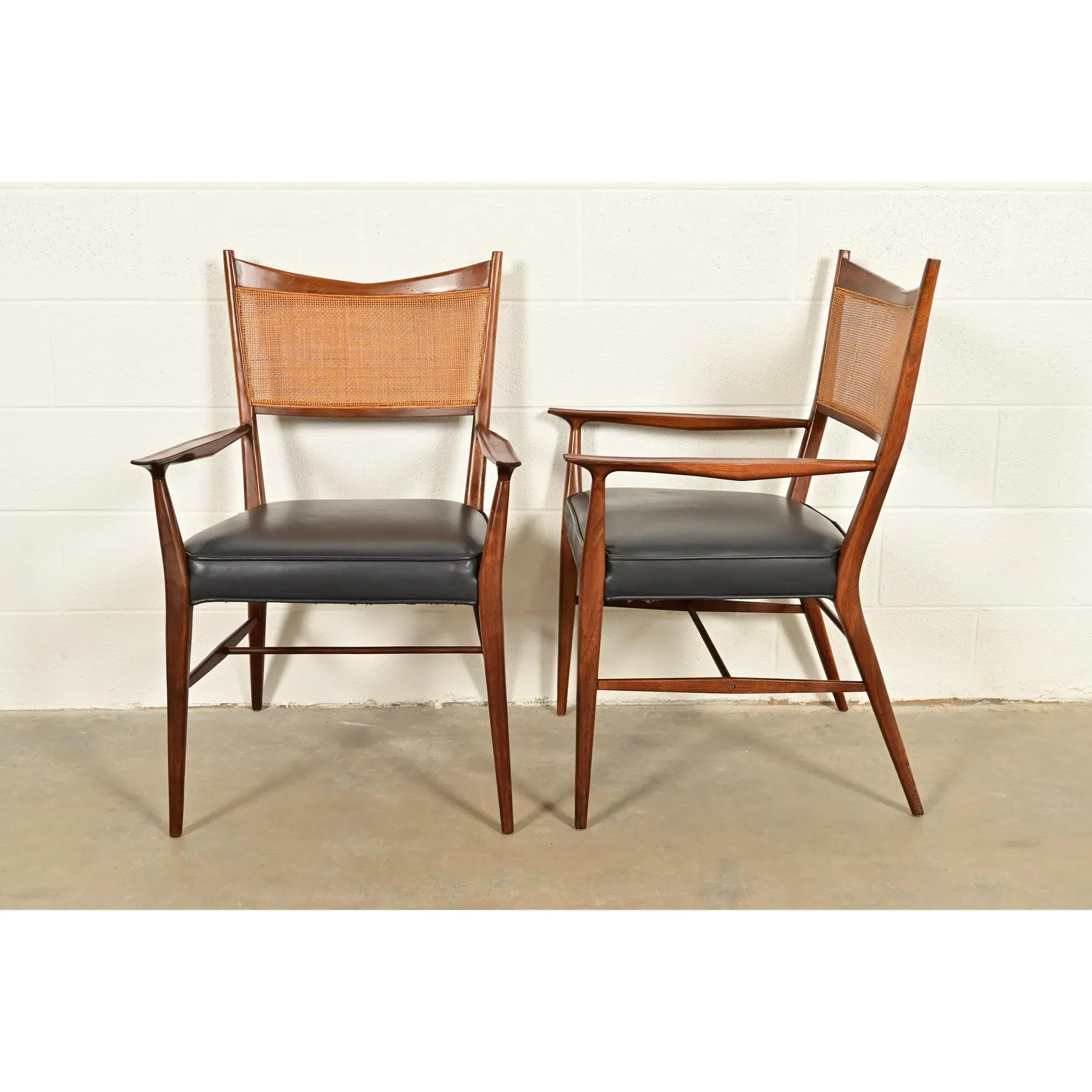 Paul McCobb for Directional Mid-Century Modern Sculpted Walnut Cane Back Armchairs, Pair - Image 11