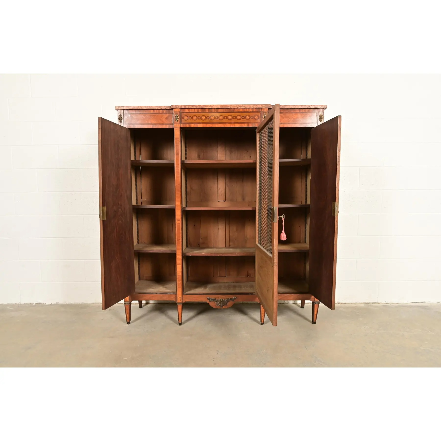 Paul Sormani Style Antique French Regency Louis XVI Kingwood Inlaid Marquetry Armoire or Bookcase Cabinet With Mounted Bronze Ormolu, Circa 1880s - Image 5
