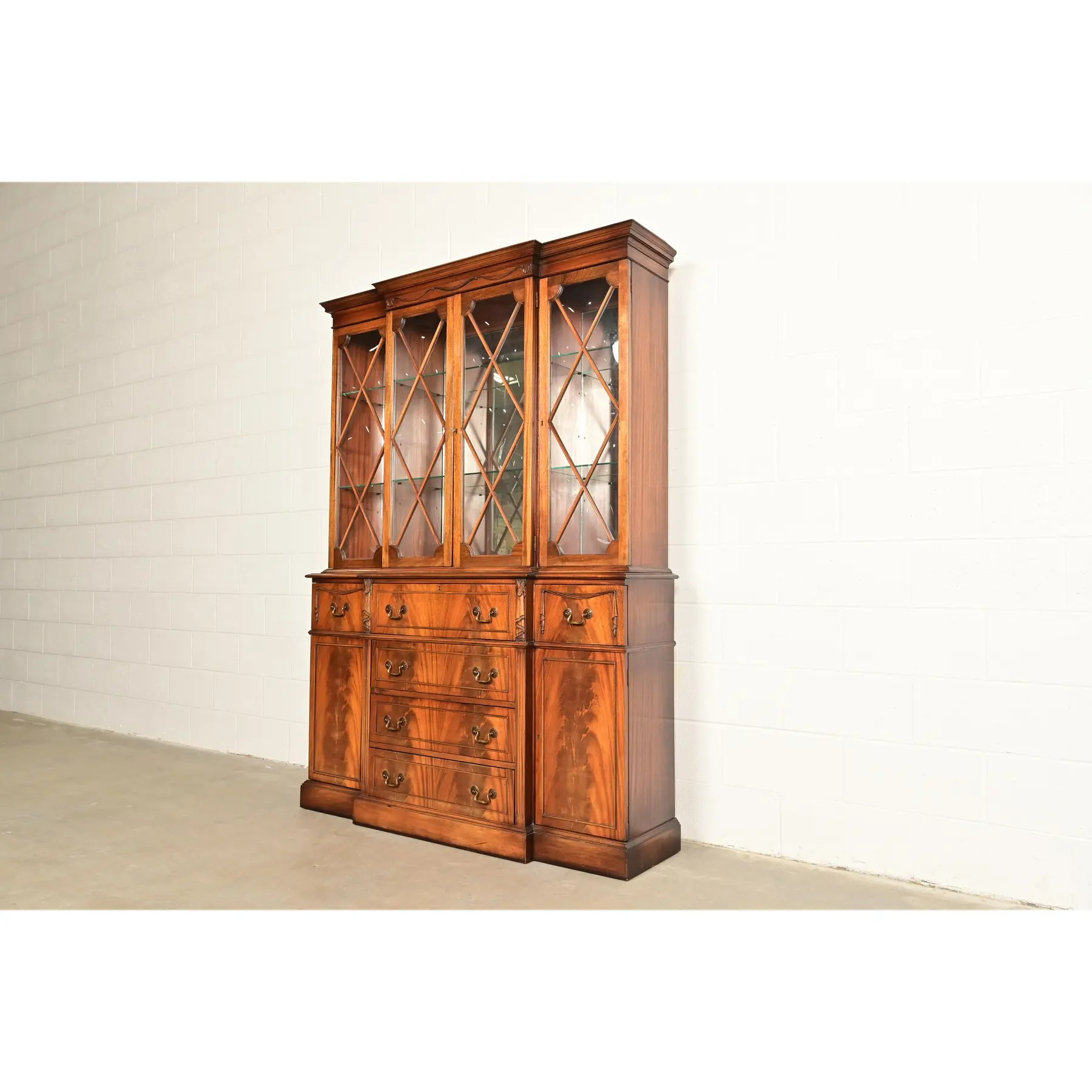 Baker Furniture Style Regency Flame Mahogany Lighted Breakfront Bookcase Cabinet With Drop Front Secretary Desk, Circa 1940s - Image 3