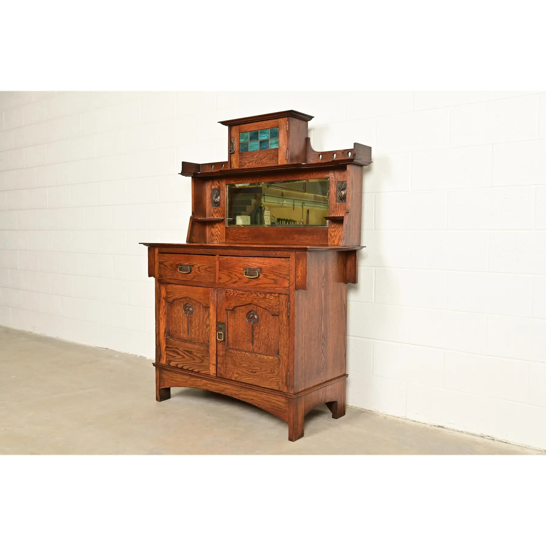 Liberty & Co. Antique English Arts & Crafts Oak Sideboard With Stained Glass Door, Circa 1900 - Image 3