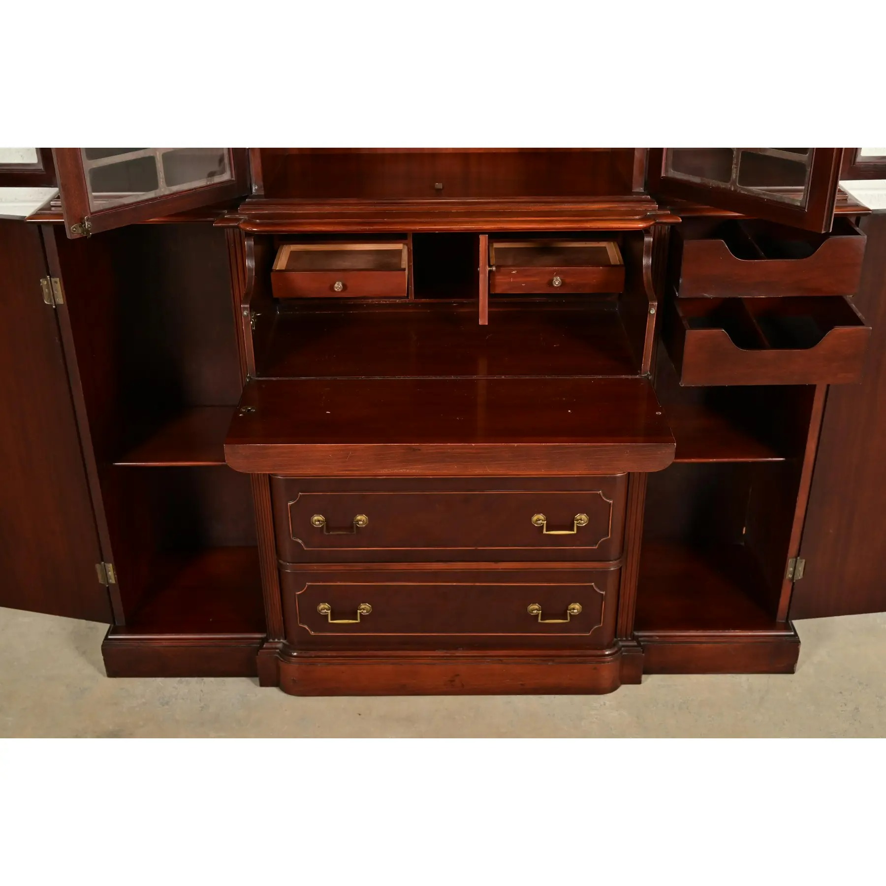 Baker Furniture Style Georgian Banded Mahogany Breakfront Bookcase Cabinet With Drop Front Secretary Desk - Image 7