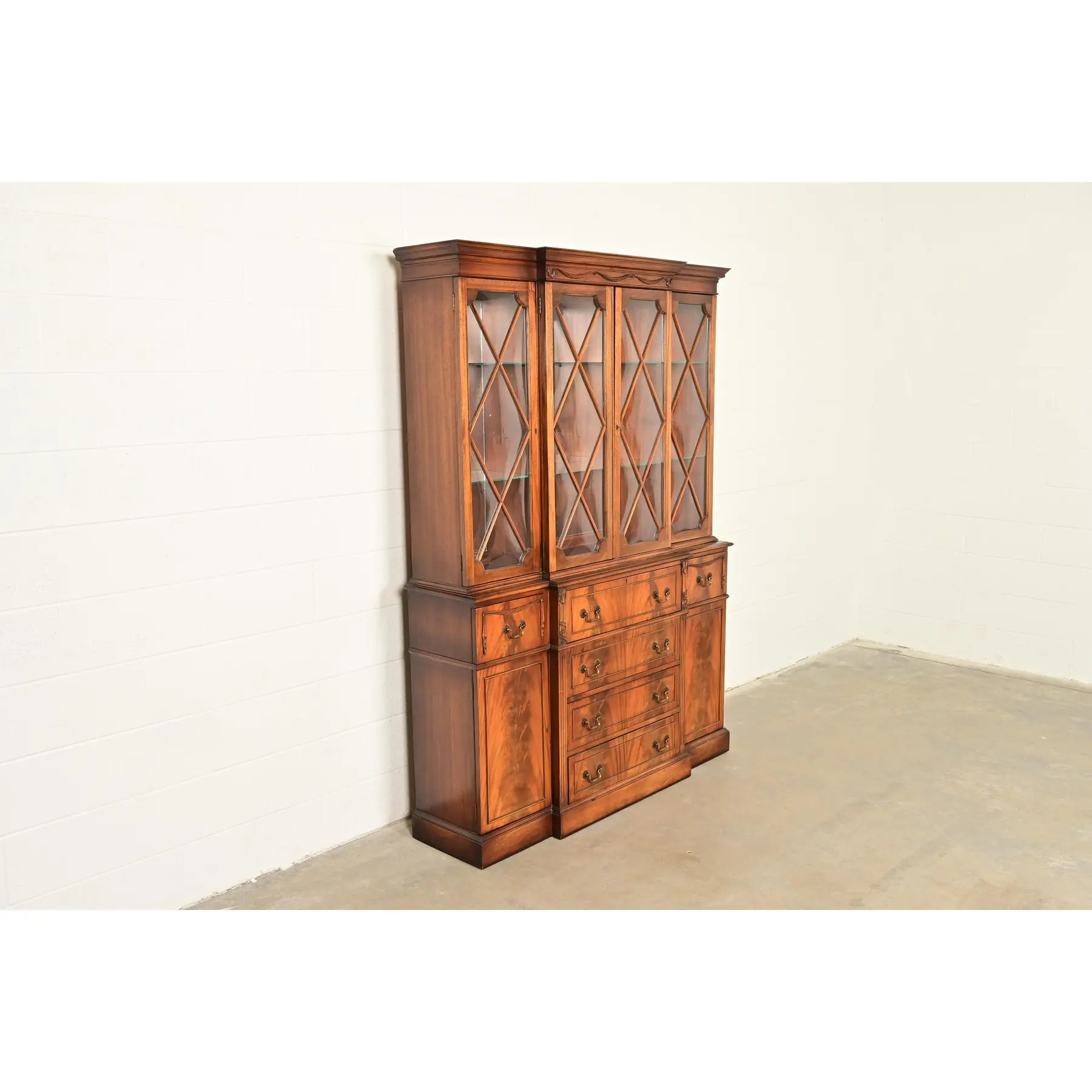Baker Furniture Style Regency Flame Mahogany Lighted Breakfront Bookcase Cabinet With Drop Front Secretary Desk, Circa 1940s - Image 4