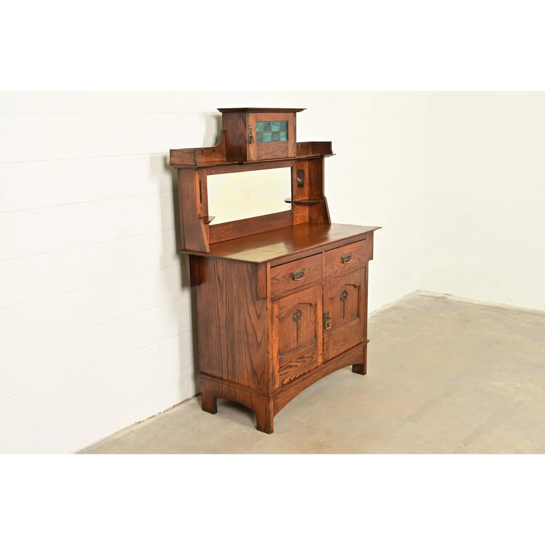 Liberty & Co. Antique English Arts & Crafts Oak Sideboard With Stained Glass Door, Circa 1900 - Image 4