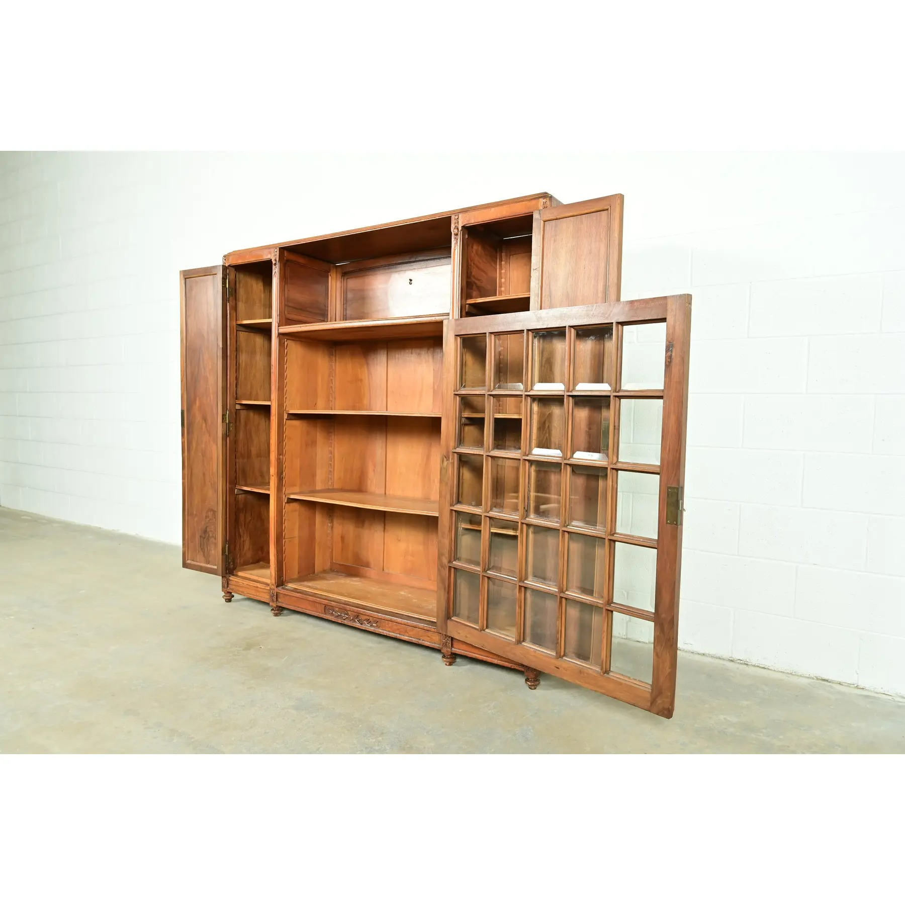 Louis Majorelle Style Antique French Art Nouveau Carved Burled Walnut Bibliotheque Bookcase Cabinet, Circa 1900 - Image 7