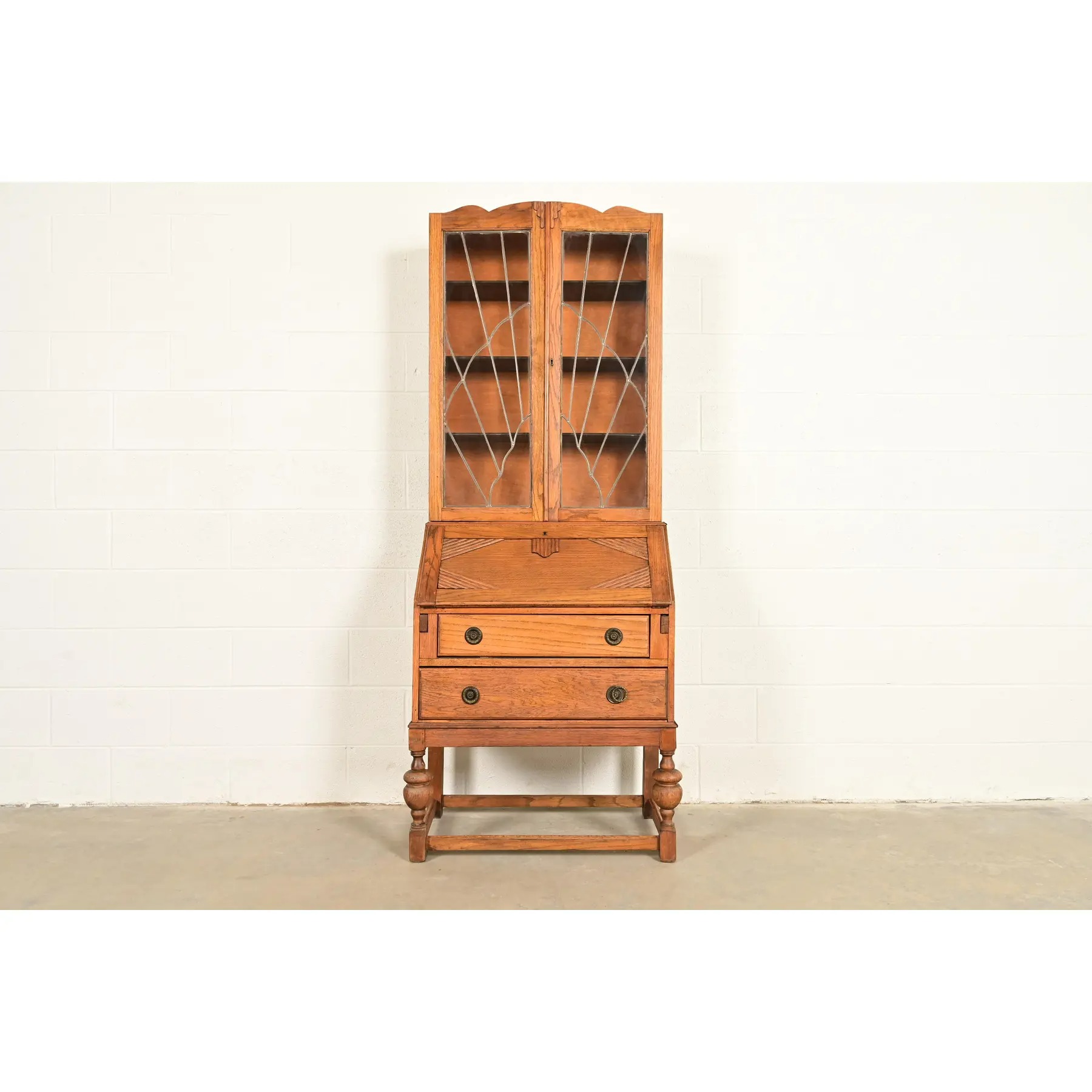 Antique English Art Deco Carved Oak Drop Front Secretary Desk With Leaded Glass Bookcase Hutch - Image 2