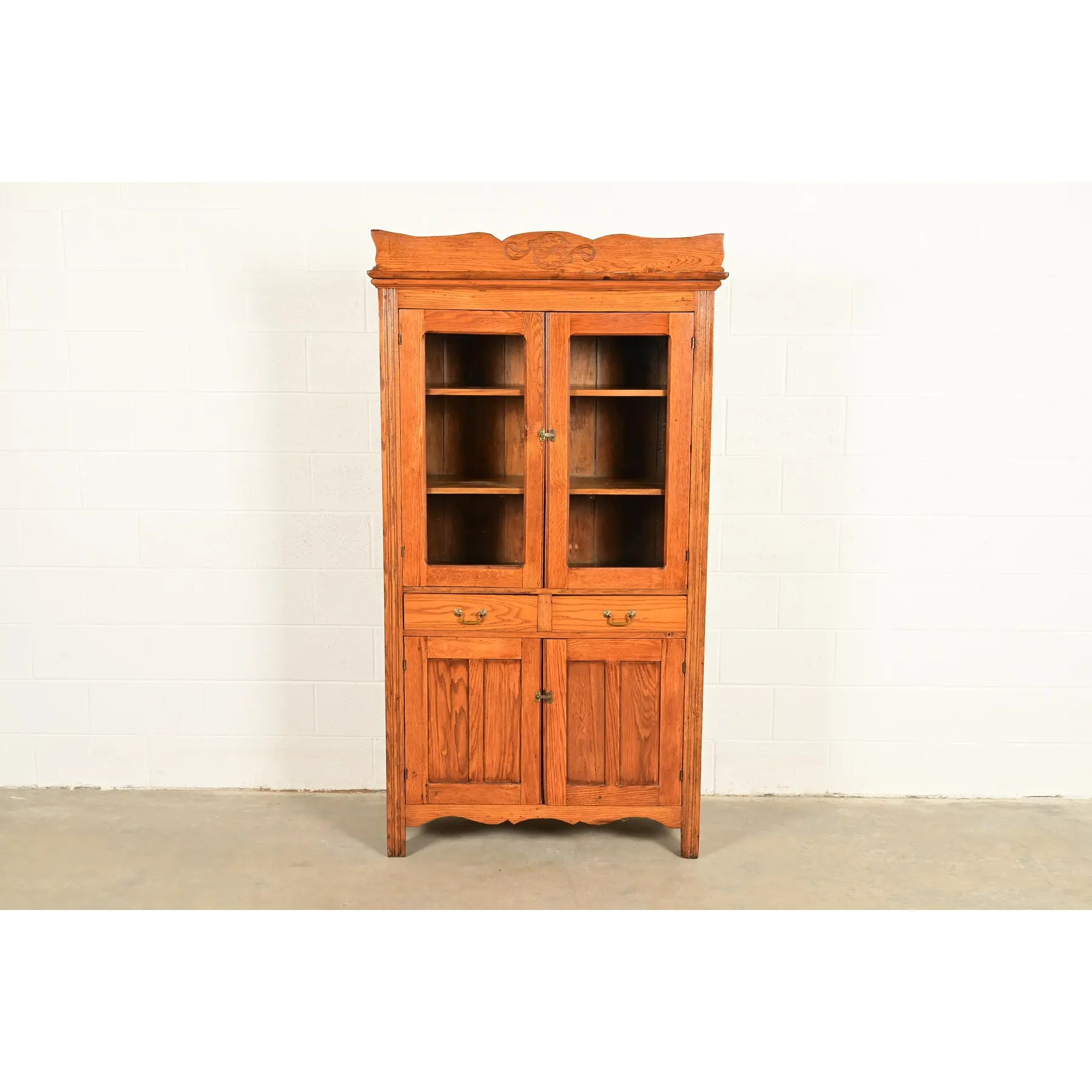 Antique Victorian Carved Oak Glass Front Bookcase or Dining Cabinet, Circa 1900