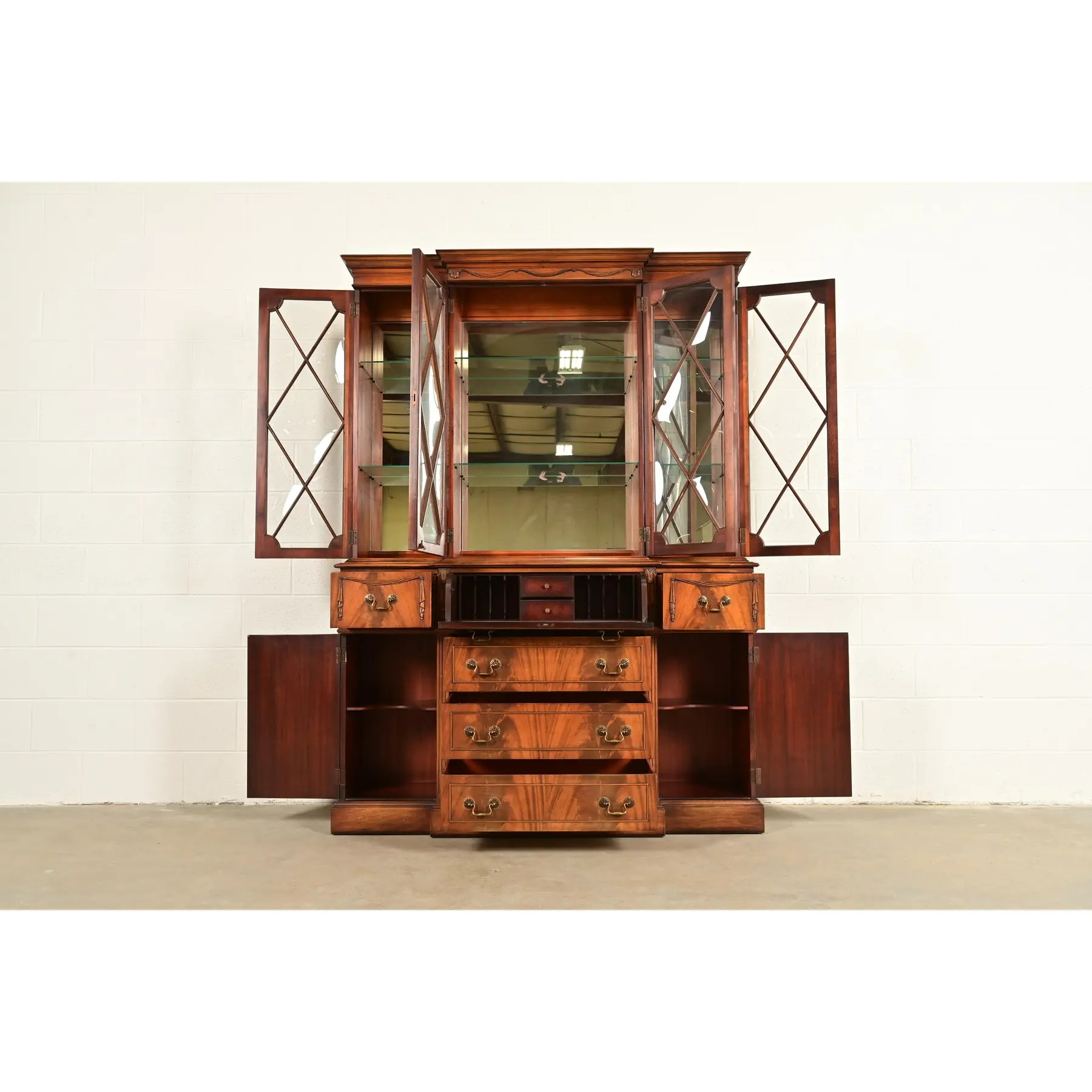 Baker Furniture Style Regency Flame Mahogany Lighted Breakfront Bookcase Cabinet With Drop Front Secretary Desk, Circa 1940s - Image 5