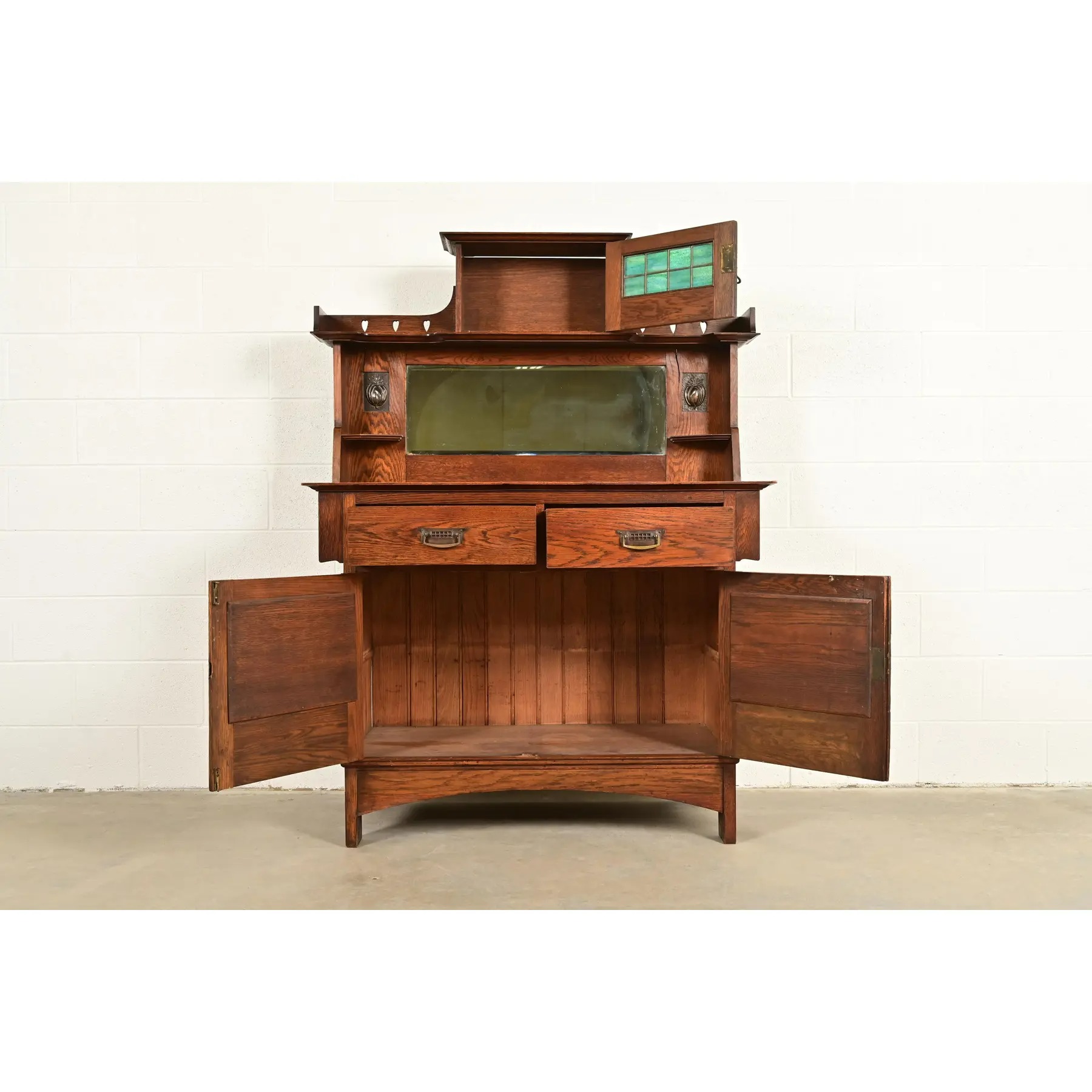 Liberty & Co. Antique English Arts & Crafts Oak Sideboard With Stained Glass Door, Circa 1900 - Image 5
