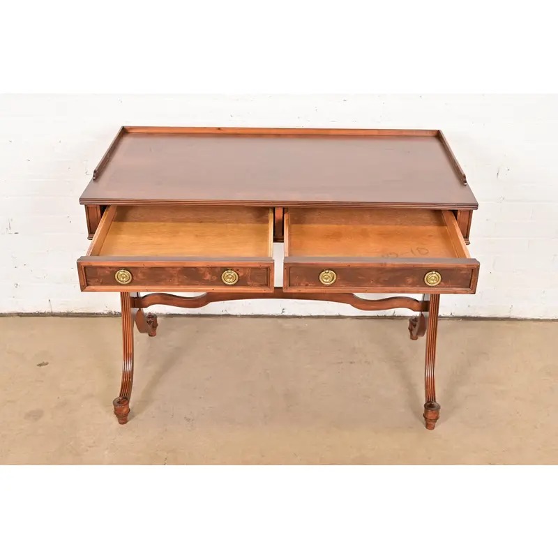 Baker Furniture English Regency Burled Walnut Writing Desk or Console Table, Newly Refinished - Image 5