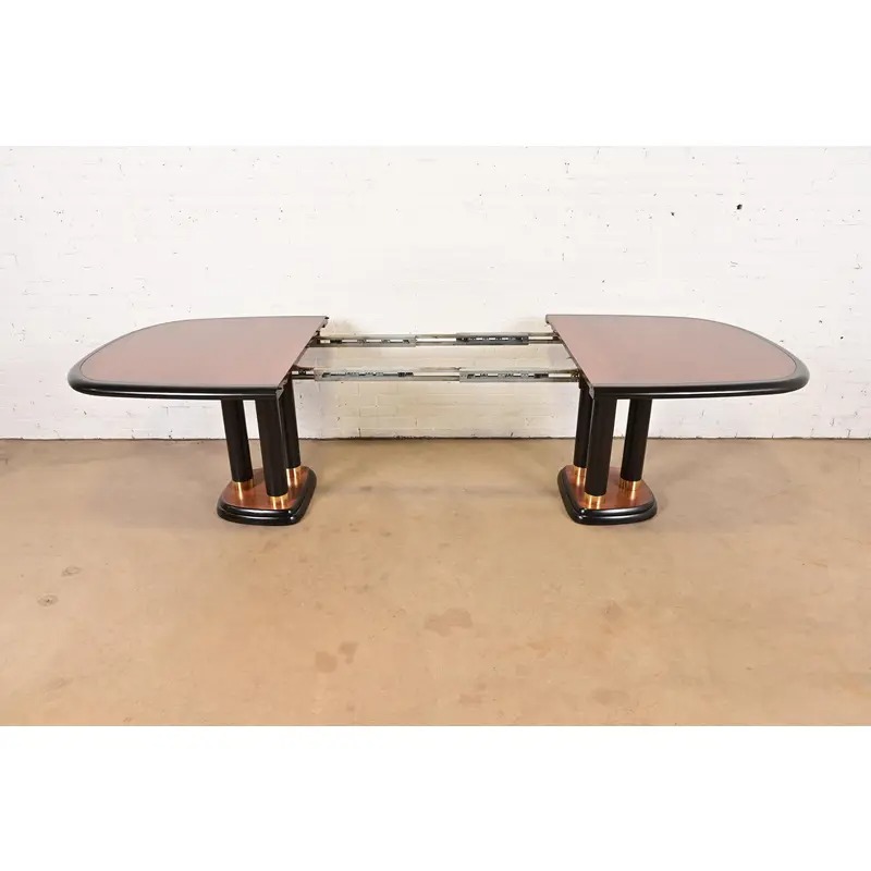 Drexel Heritage Modern Art Deco Walnut and Black Lacquered Double Pedestal Extension Dining Table, Newly Refinished - Image 5