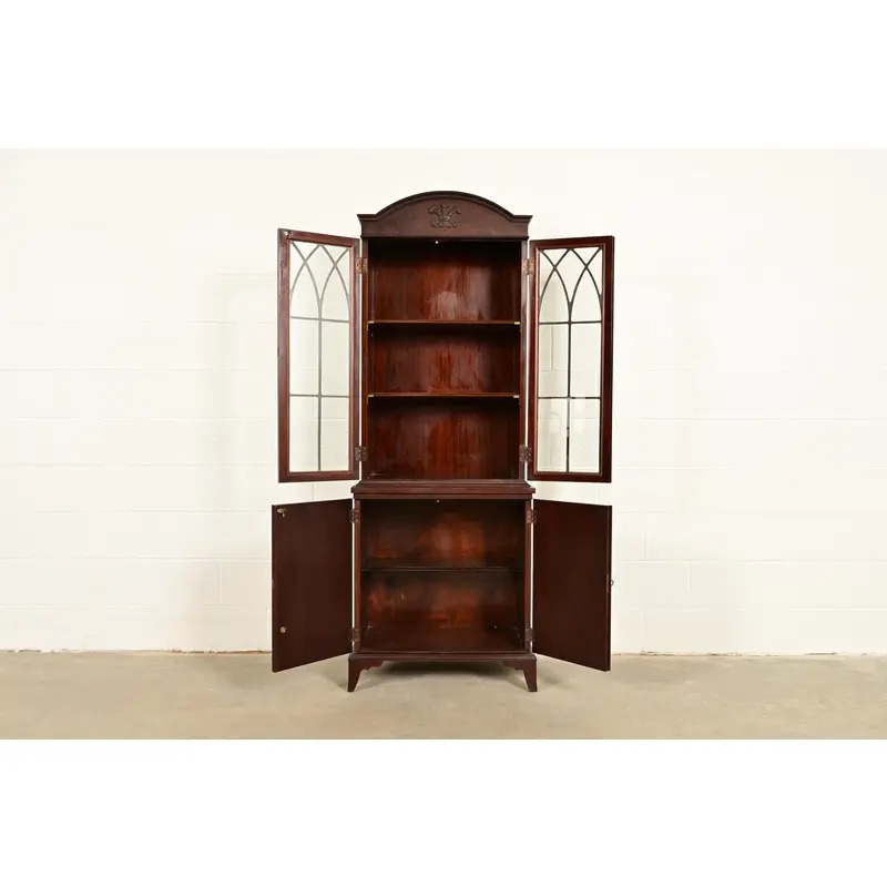 English Regency Antique Carved Mahogany Breakfront Bookcase Cabinet, Circa 1890s - Image 5