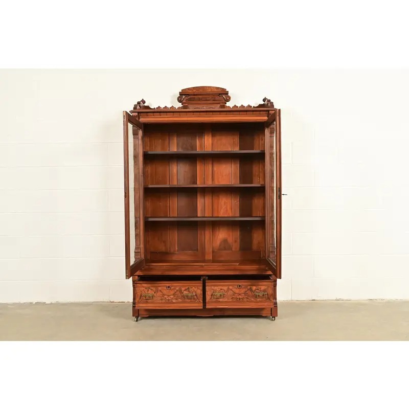 Herter Brothers Style Antique Eastlake Victorian Carved Burled Walnut Bookcase, Circa 1880s - Image 5