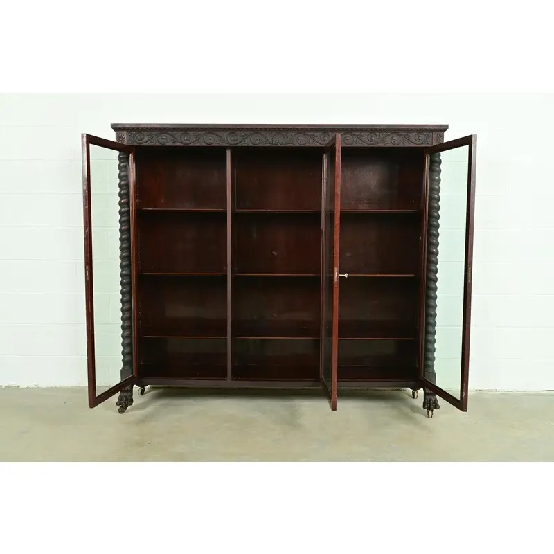 R. J. Horner Style American Empire Carved Mahogany Triple Bookcase With Lion Paw Feet, Circa 1890s - Image 5