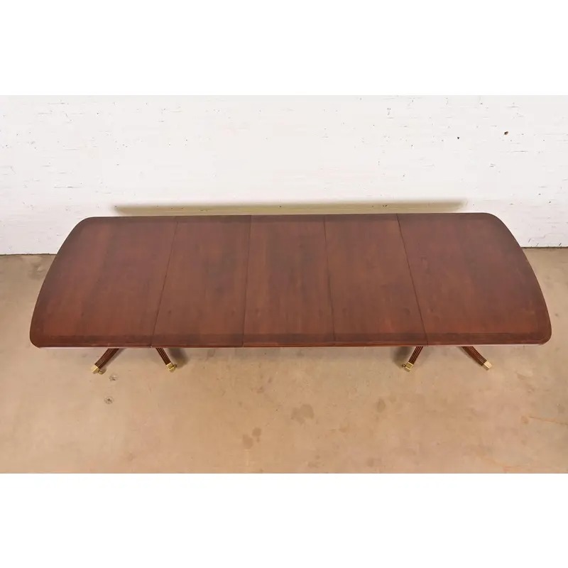 Smith & Watson Georgian Banded Cherry and Burl Wood Double Pedestal Extension Dining Table, Newly Refinished - Image 5
