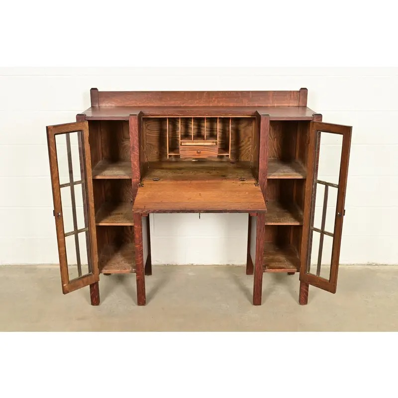 Stickley Brothers Style Antique Mission Oak Arts & Crafts Double Bookcase With Drop Front Secretary Desk, Circa 1910 - Image 5