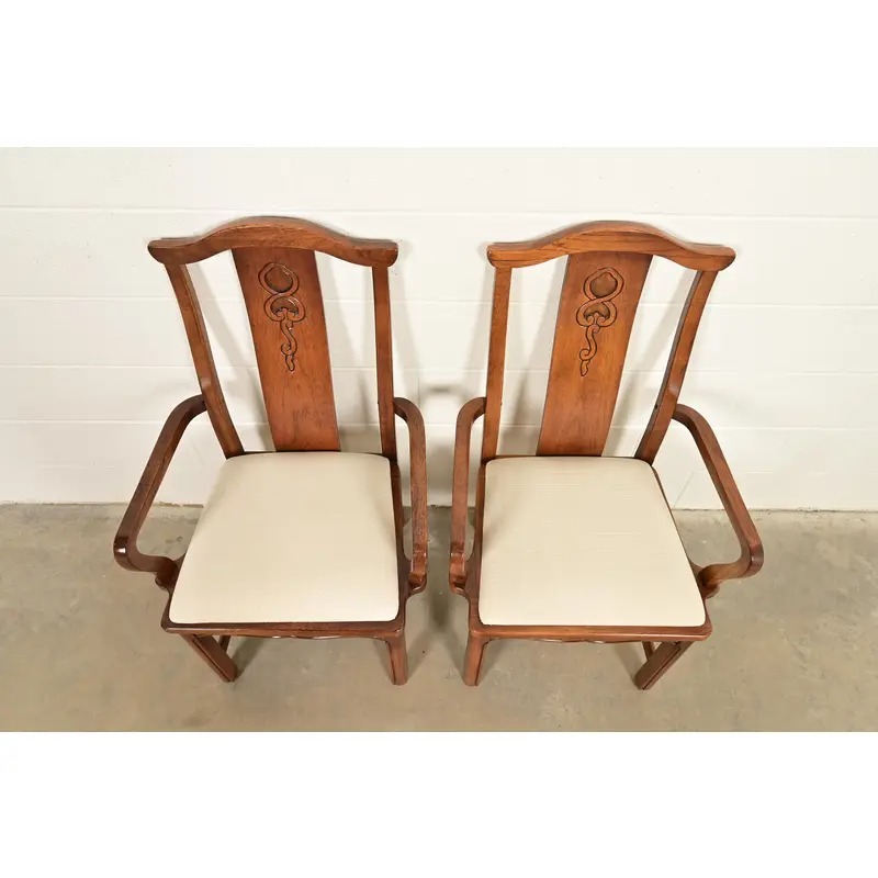 Thomasville Mid-Century Hollywood Regency Chinoiserie Carved Walnut Armchairs, Pair - Image 5