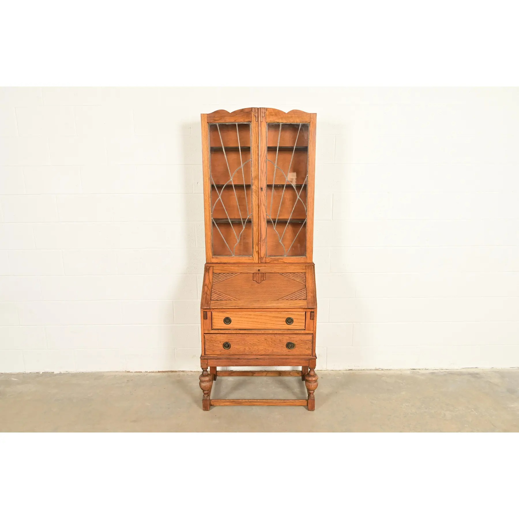 Antique English Art Deco Carved Oak Drop Front Secretary Desk With Leaded Glass Bookcase Hutch - Image 3