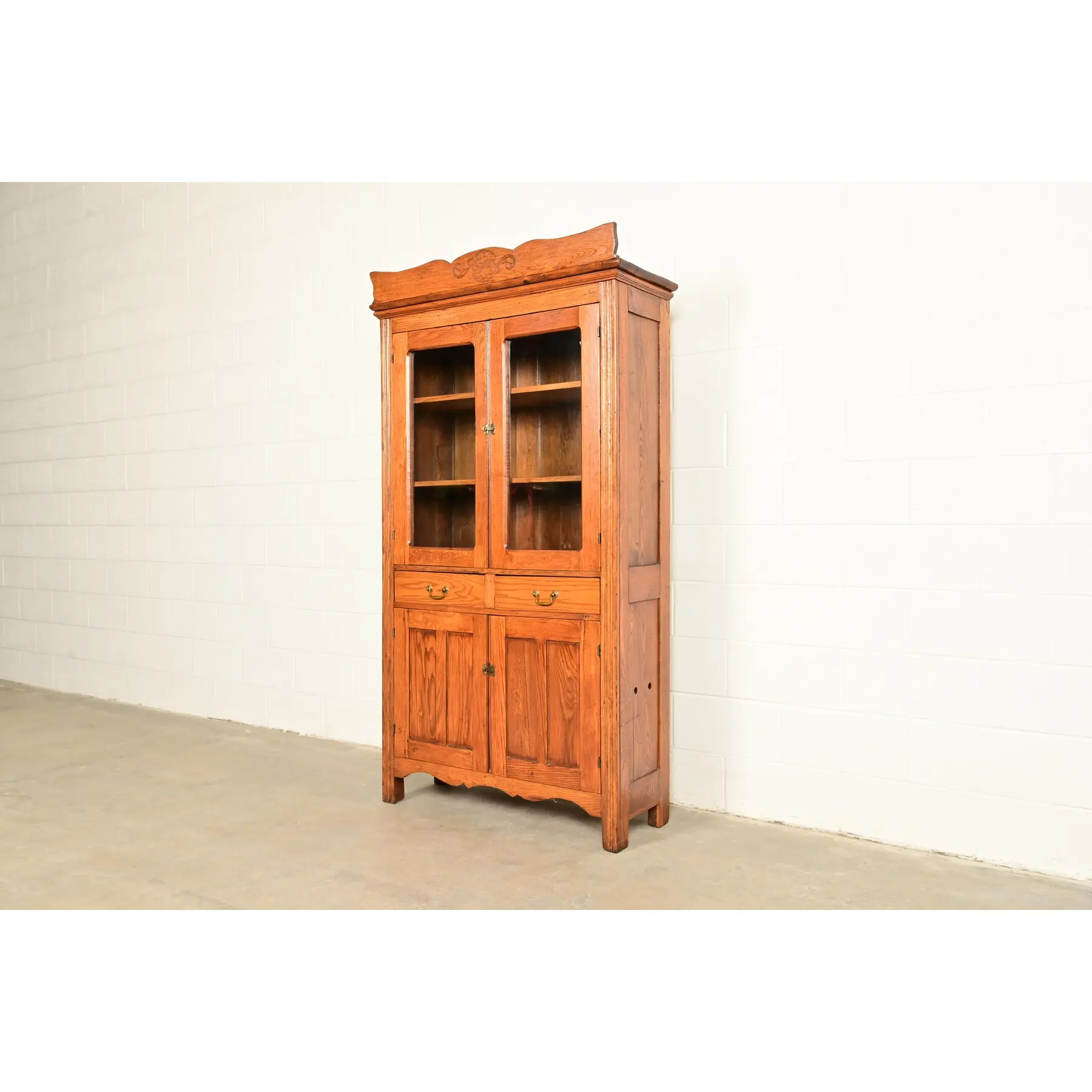 Antique Victorian Carved Oak Glass Front Bookcase or Dining Cabinet, Circa 1900 - Image 3