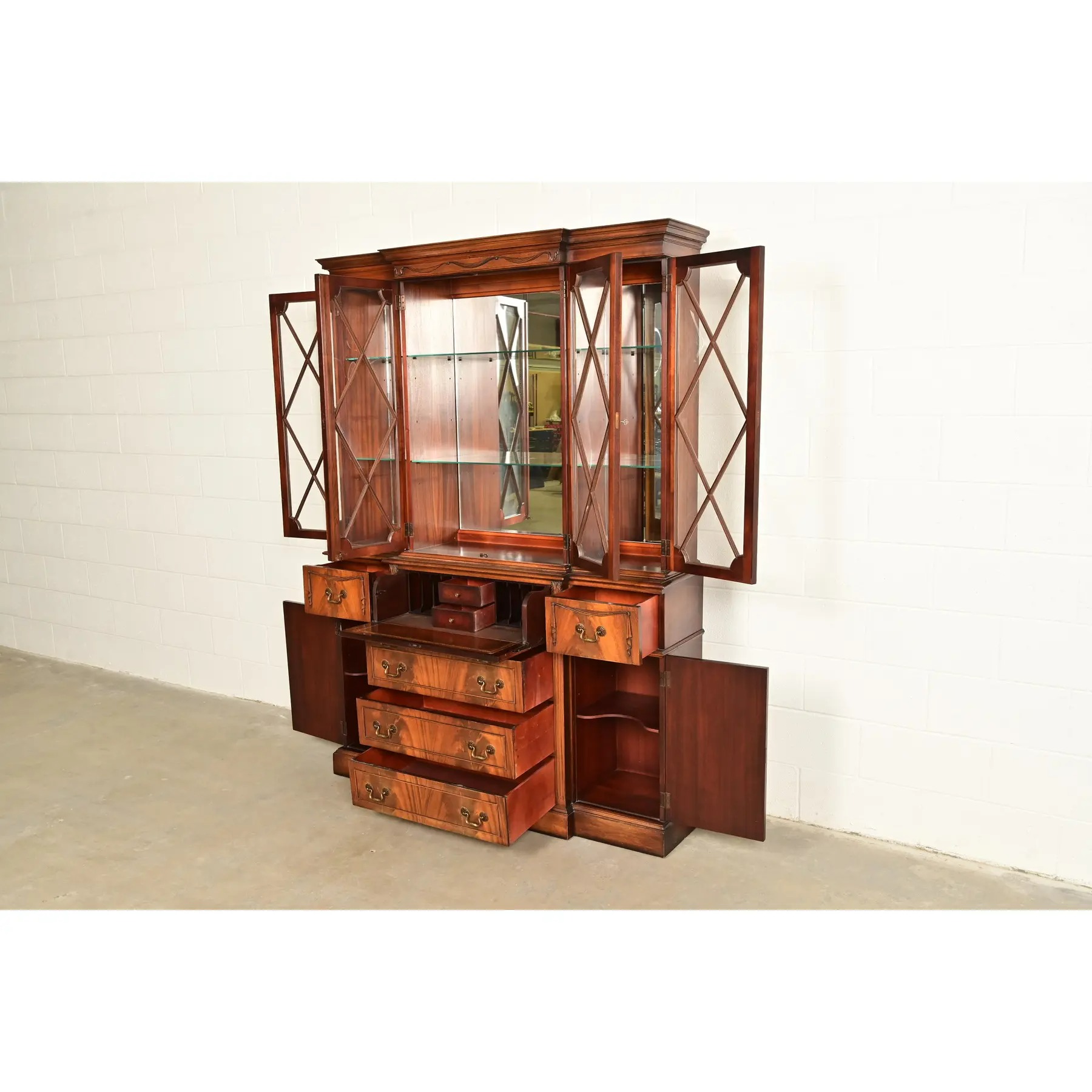Baker Furniture Style Regency Flame Mahogany Lighted Breakfront Bookcase Cabinet With Drop Front Secretary Desk, Circa 1940s - Image 6