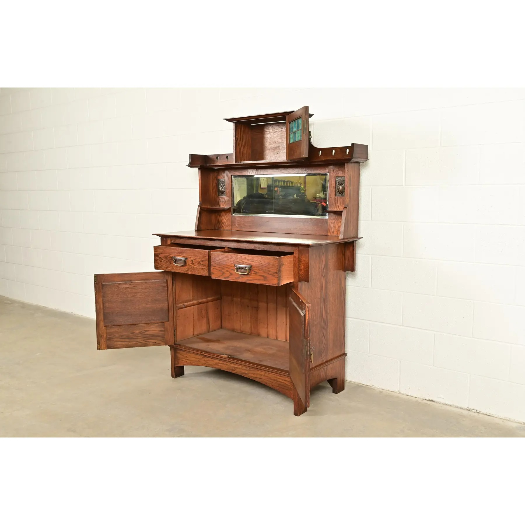 Liberty & Co. Antique English Arts & Crafts Oak Sideboard With Stained Glass Door, Circa 1900 - Image 6