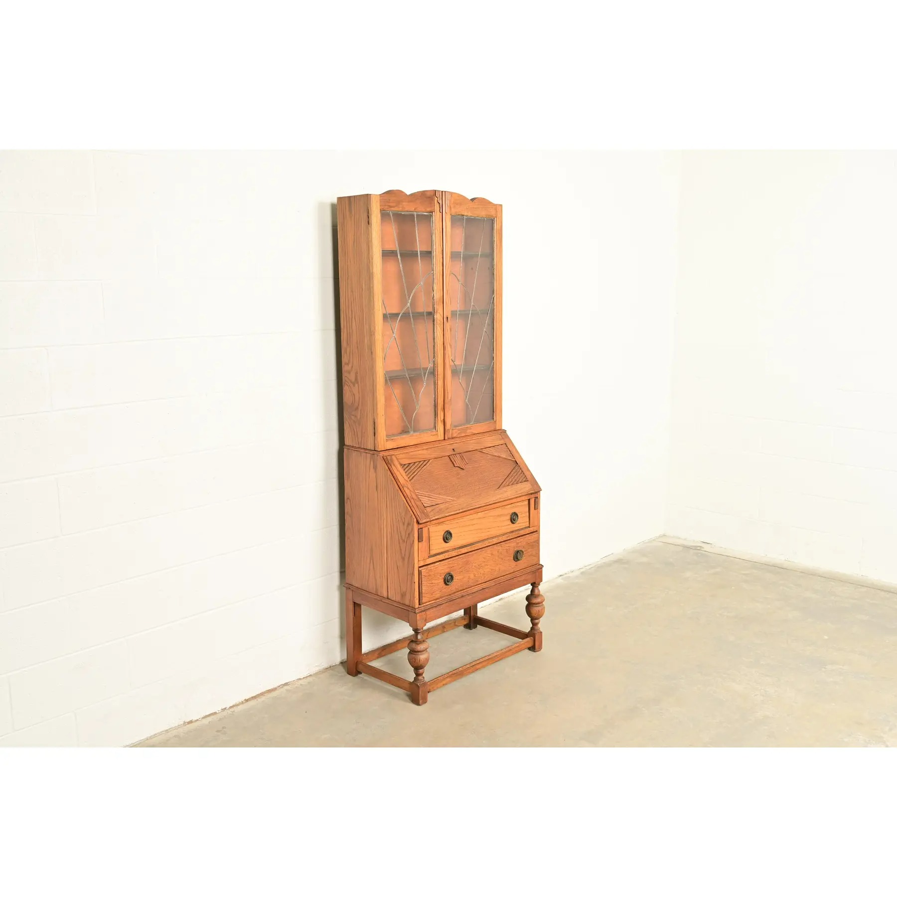 Antique English Art Deco Carved Oak Drop Front Secretary Desk With Leaded Glass Bookcase Hutch - Image 4