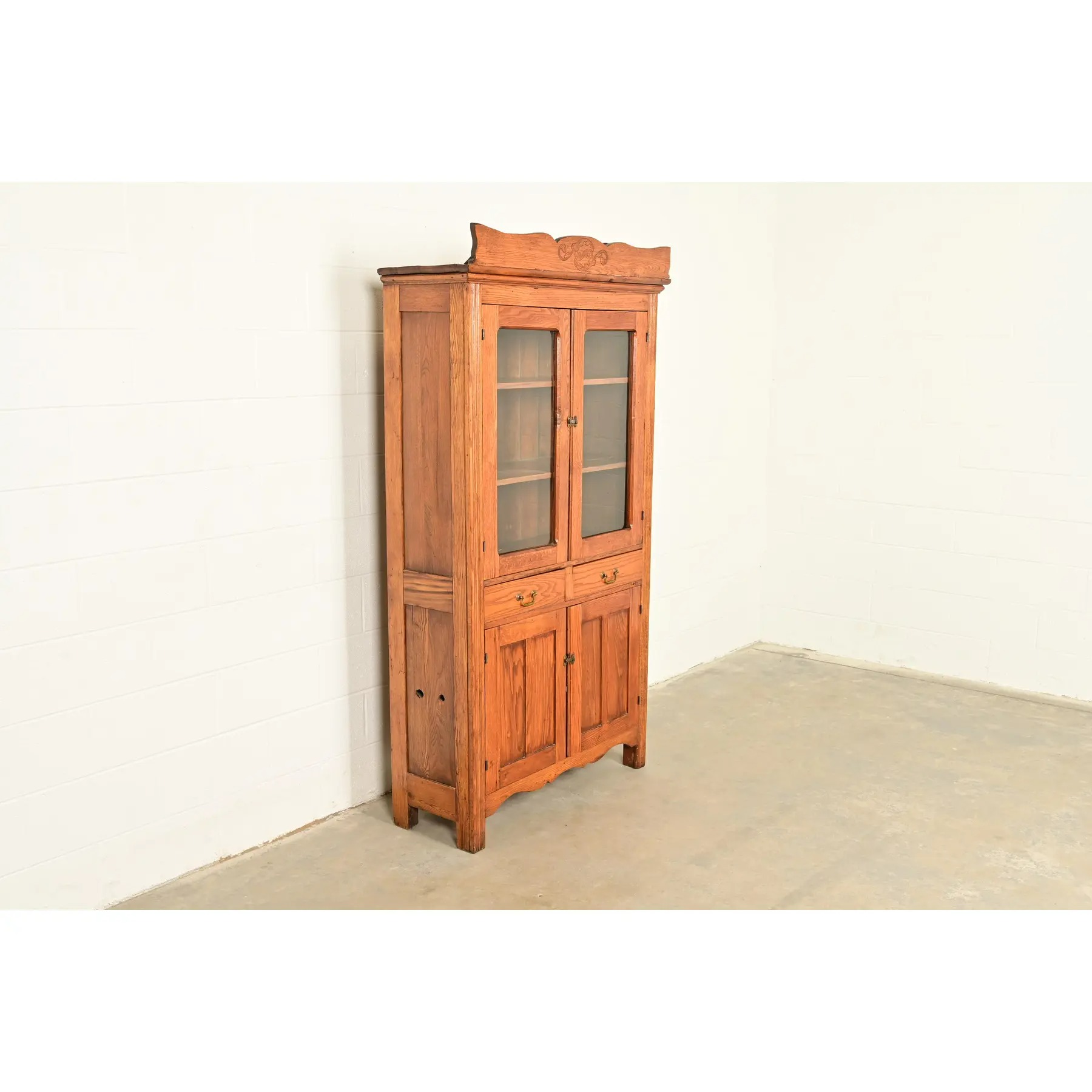 Antique Victorian Carved Oak Glass Front Bookcase or Dining Cabinet, Circa 1900 - Image 4