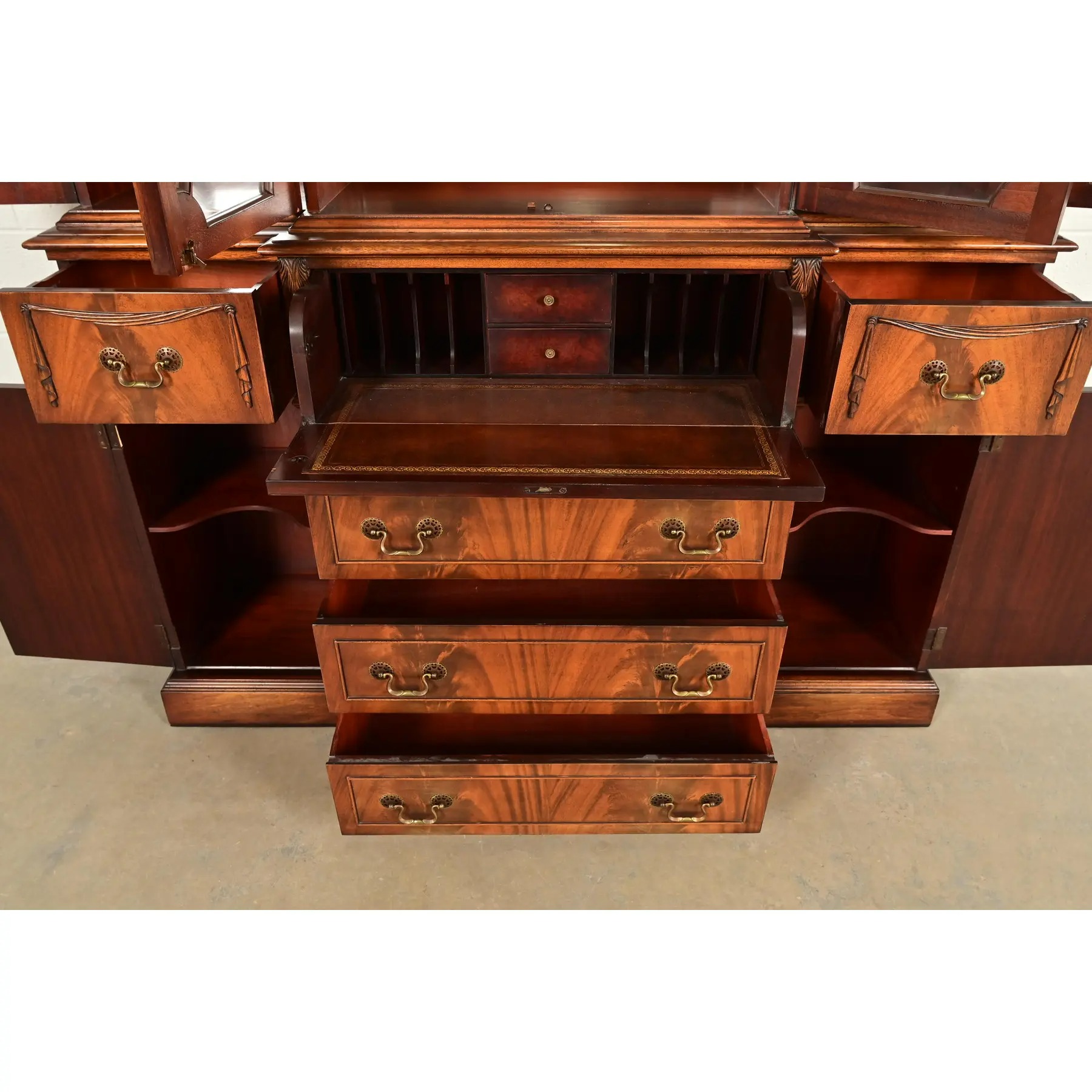 Baker Furniture Style Regency Flame Mahogany Lighted Breakfront Bookcase Cabinet With Drop Front Secretary Desk, Circa 1940s - Image 7