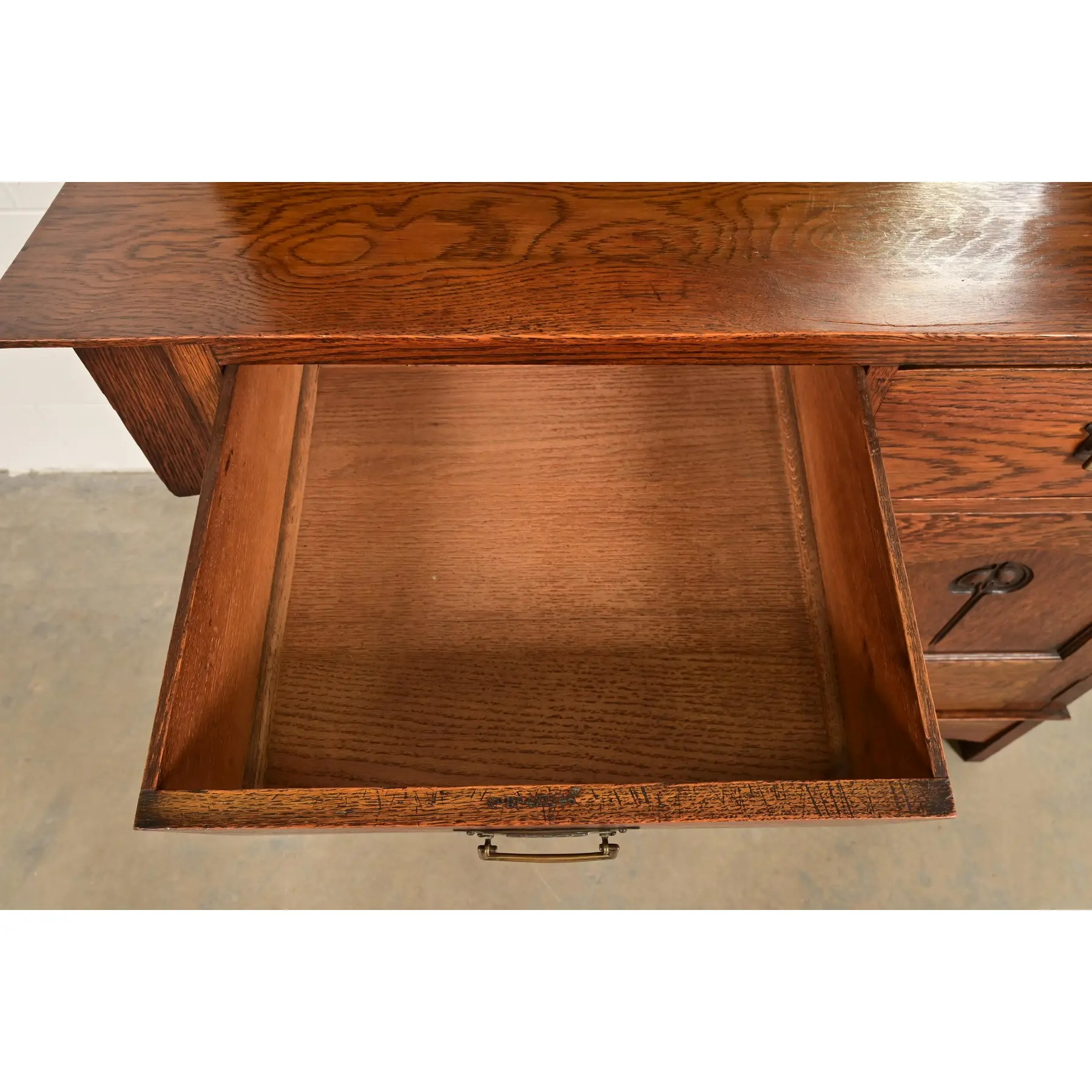 Liberty & Co. Antique English Arts & Crafts Oak Sideboard With Stained Glass Door, Circa 1900 - Image 7