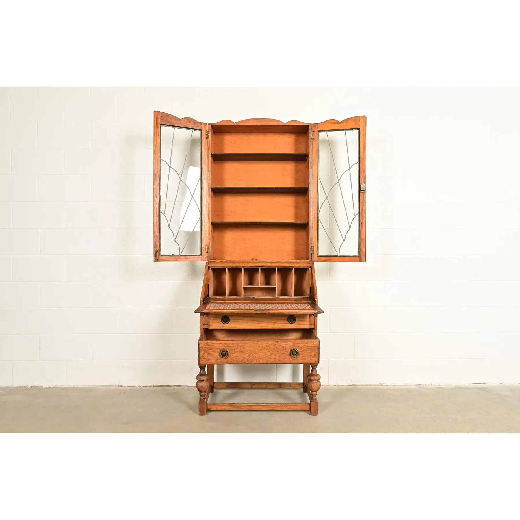 Antique English Art Deco Carved Oak Drop Front Secretary Desk With Leaded Glass Bookcase Hutch - Image 5