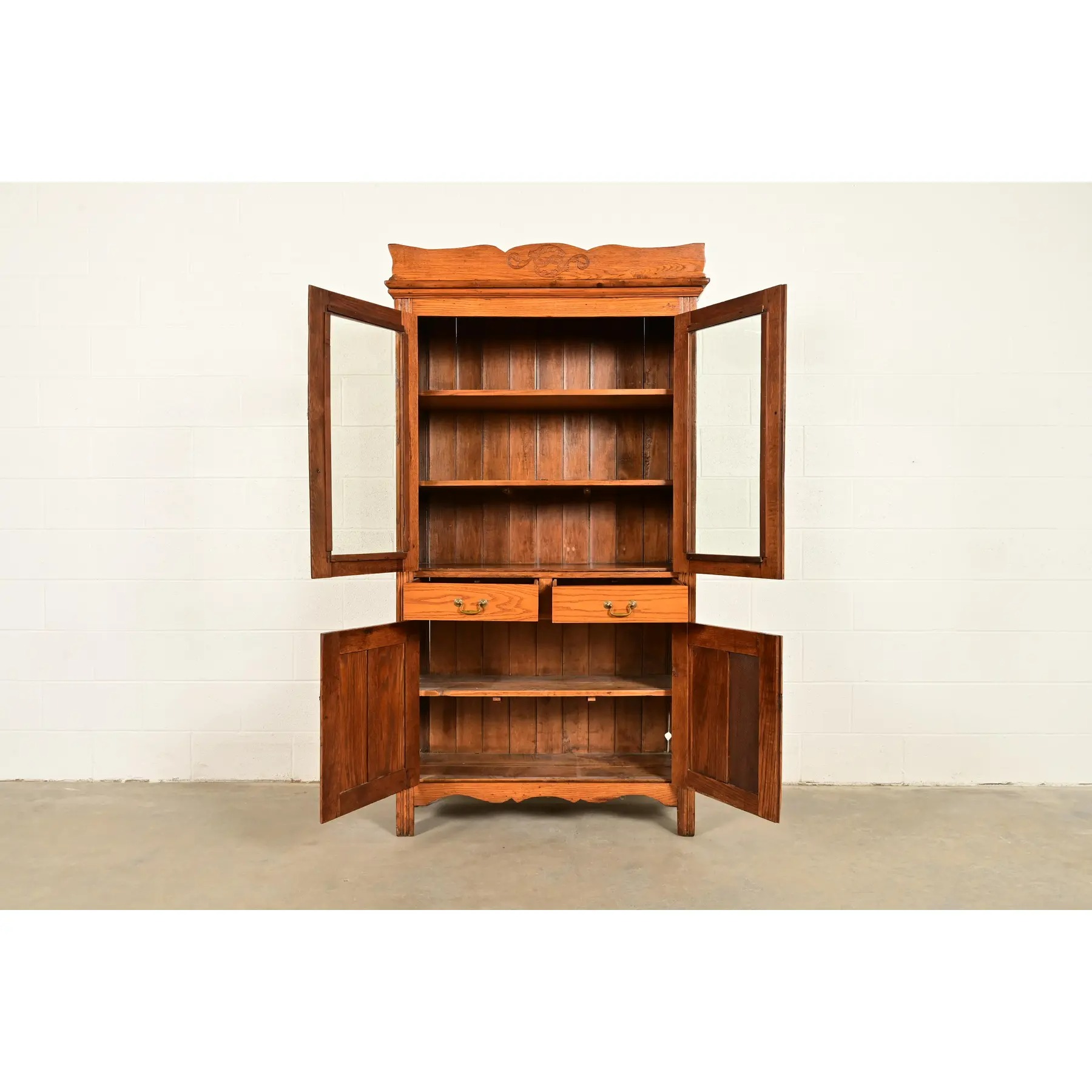 Antique Victorian Carved Oak Glass Front Bookcase or Dining Cabinet, Circa 1900 - Image 5