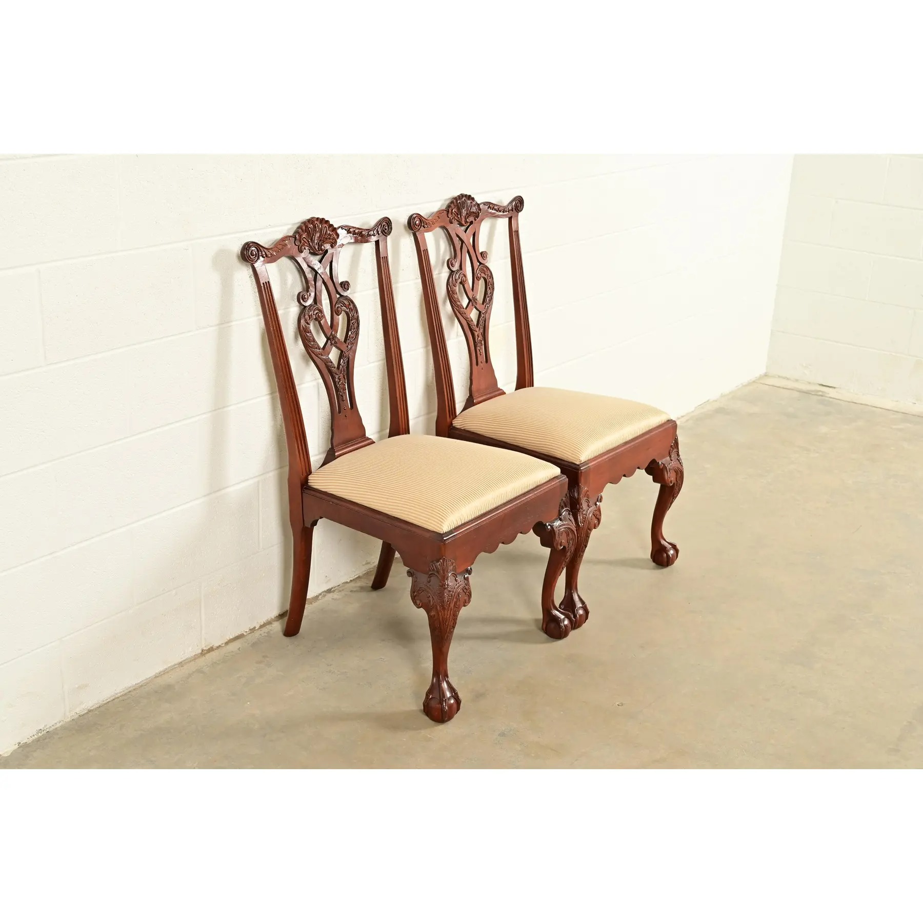Baker Furniture Chippendale Carved Mahogany Side Chairs or Dining Chairs, Pair